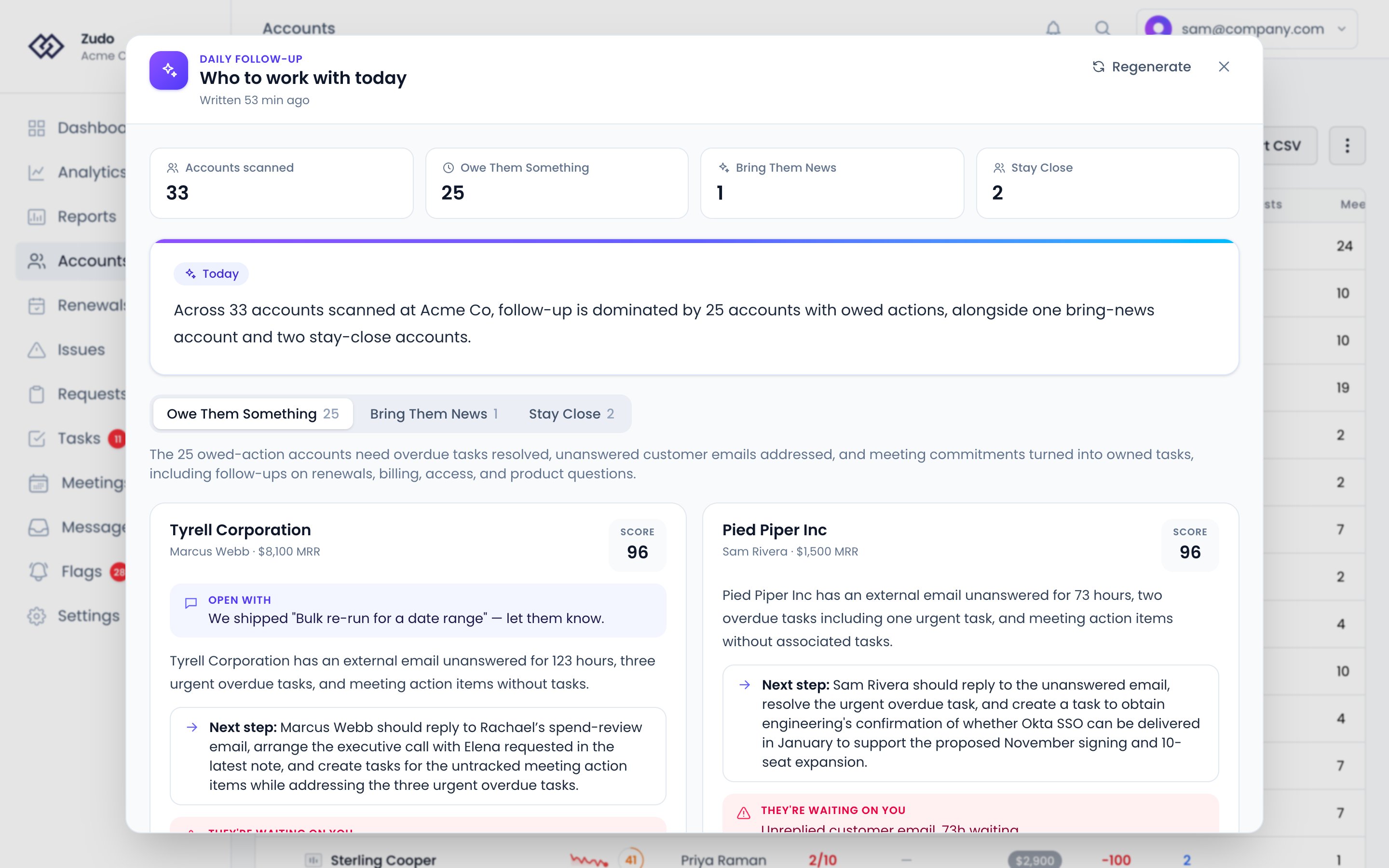The Daily Follow-Up modal: counts for each lane, an overview of the day, and account cards with why each was flagged and a recommended next step