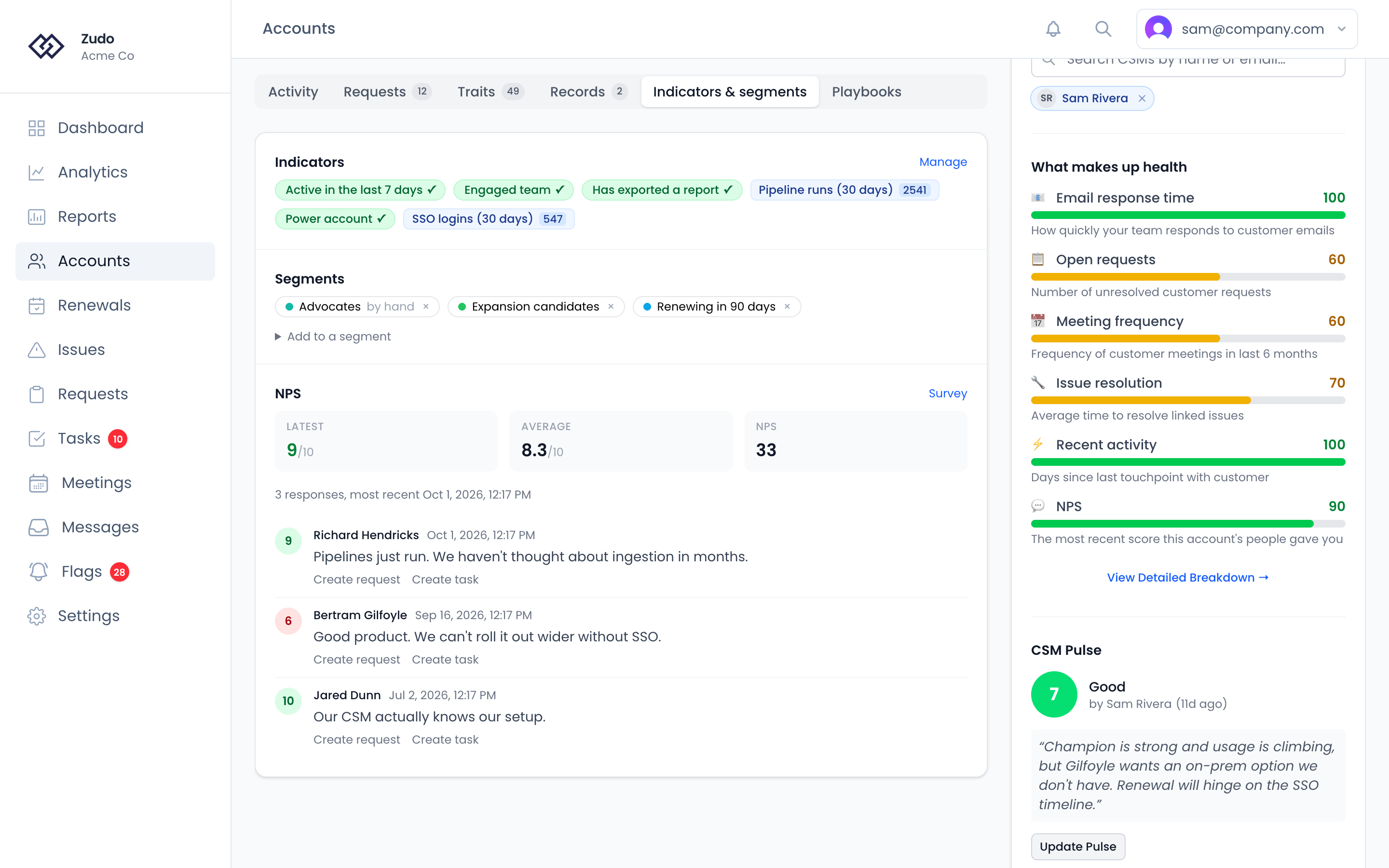 An account's Indicators & segments tab: indicator chips with yes/no and number values, the segments the account is in, and its NPS answers