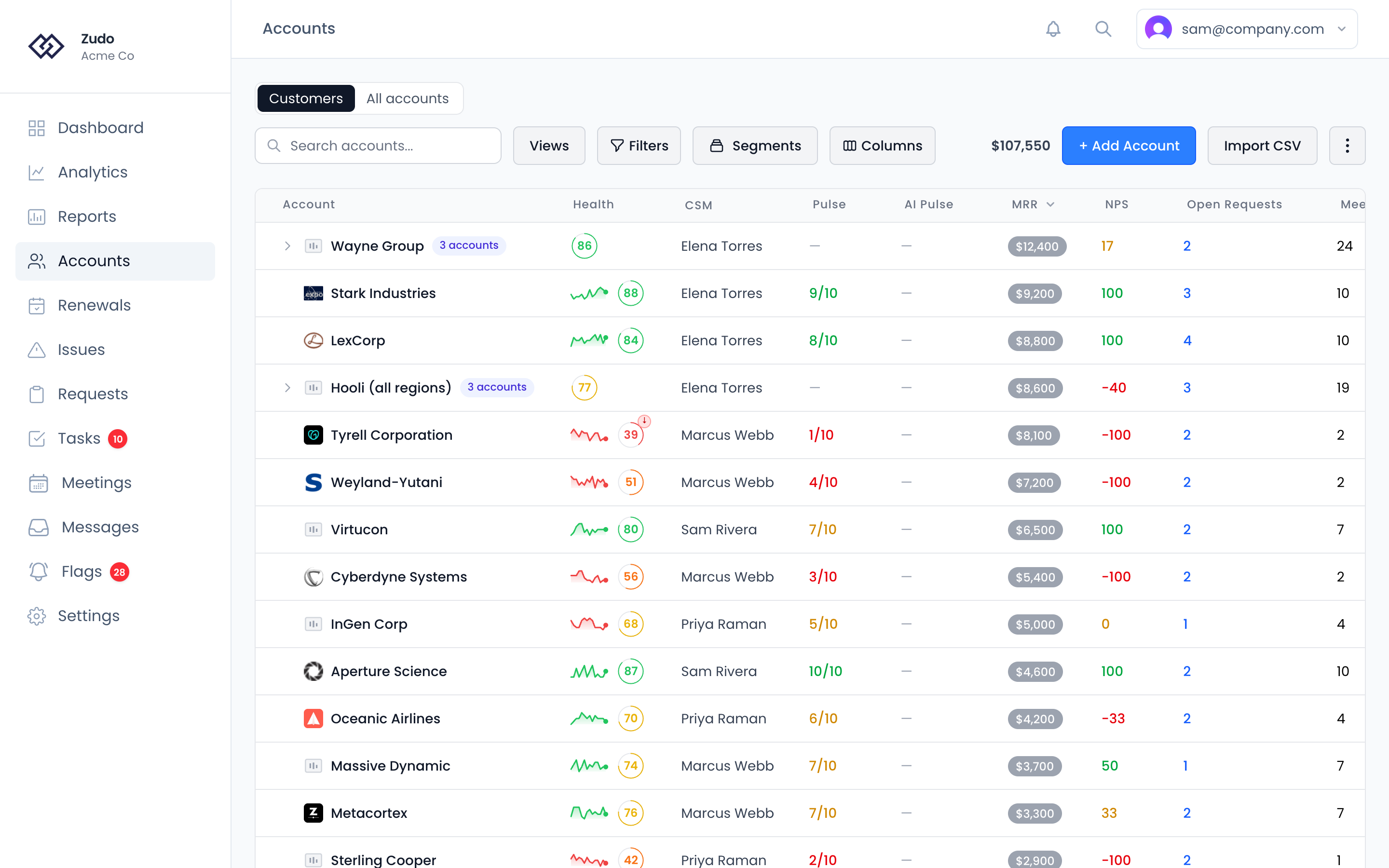 The Accounts list: the Customers and All accounts switch, search, views, Filters, Segments and Columns above a table of accounts with their CSM, health, pulse and activity