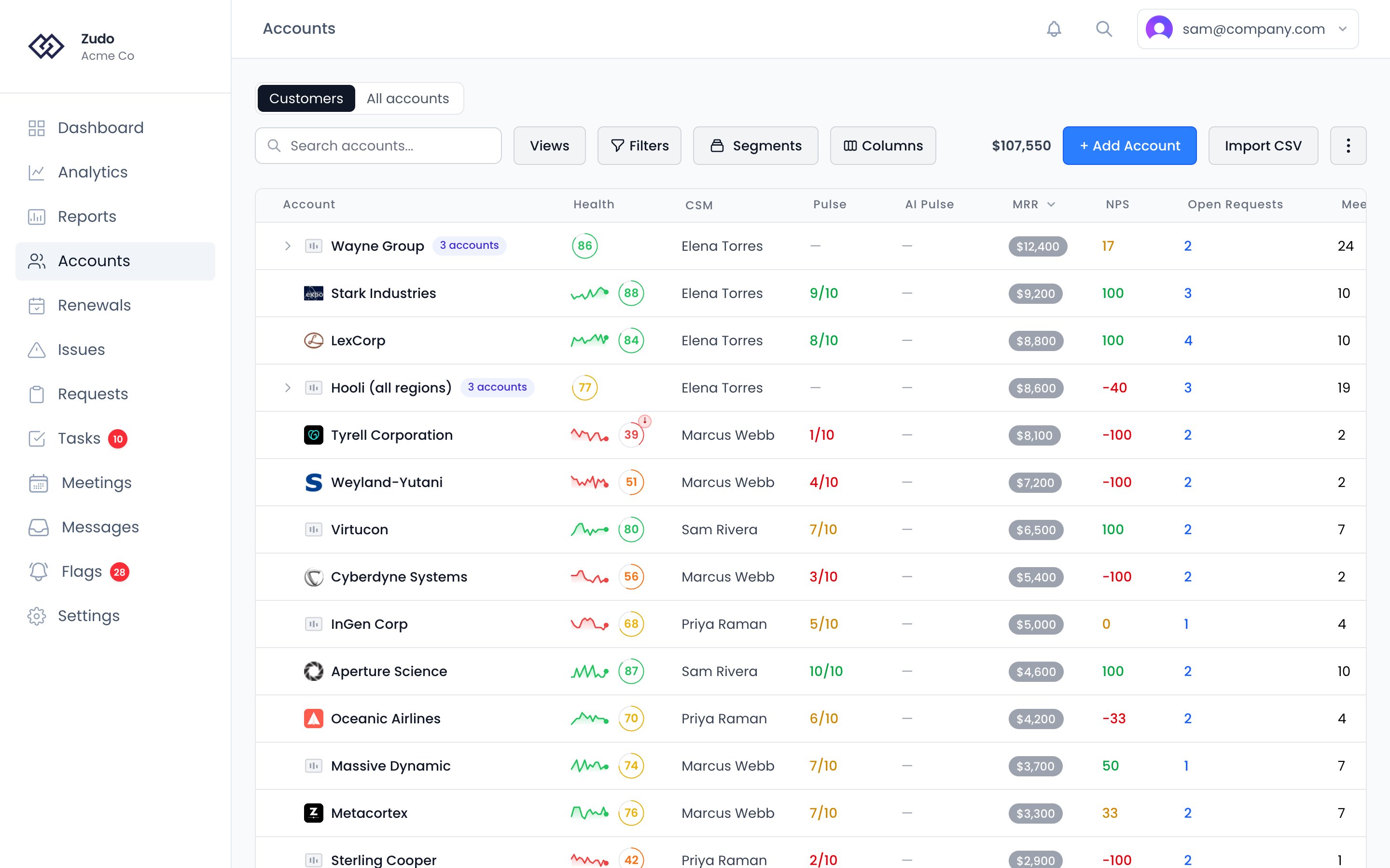 The Accounts list: the Customers and All accounts switch, search, views, Filters, Segments and Columns above a table of accounts with their CSM, health, pulse and activity