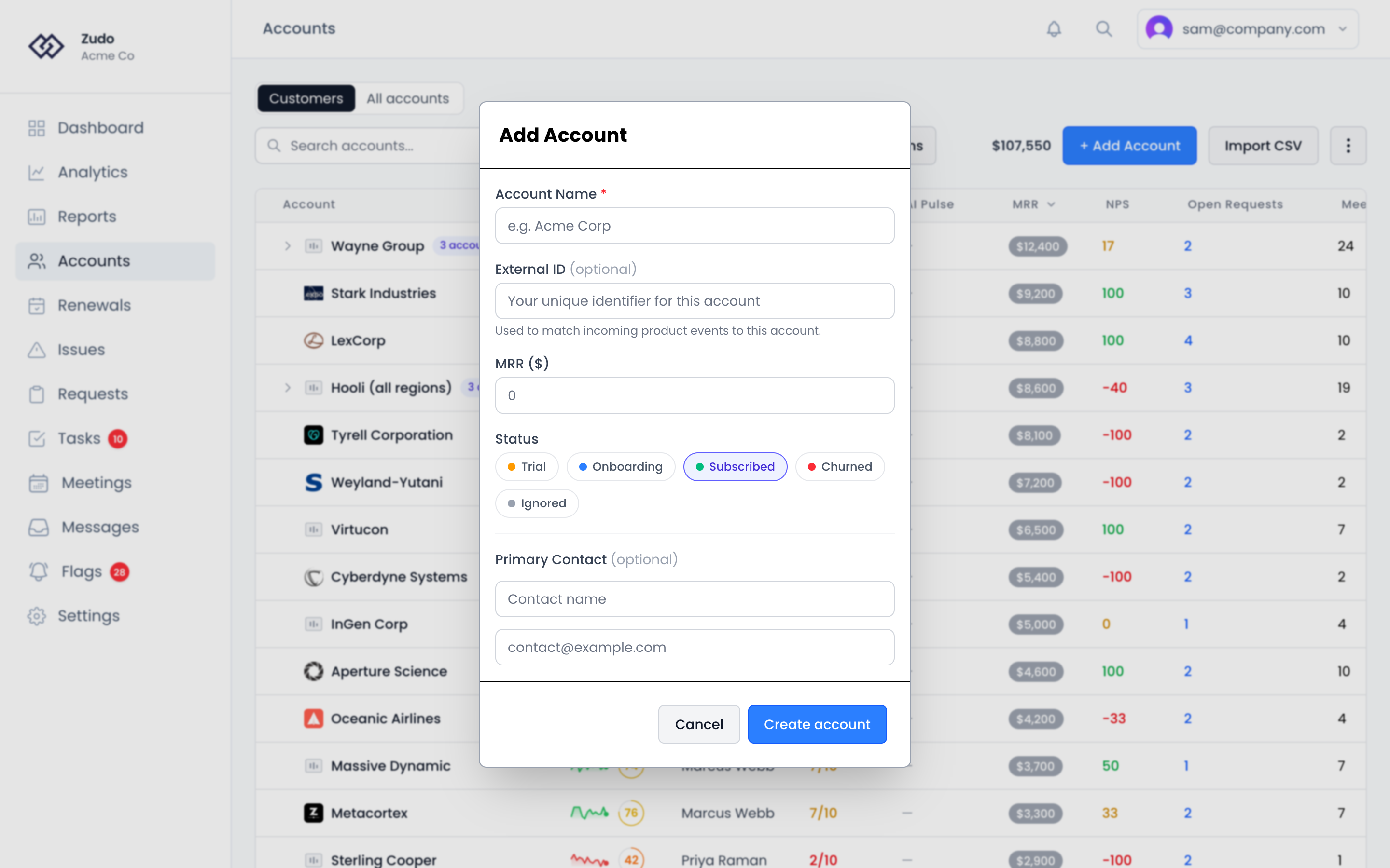The Add Account dialog with fields for the account name, external ID, MRR, status and an optional primary contact