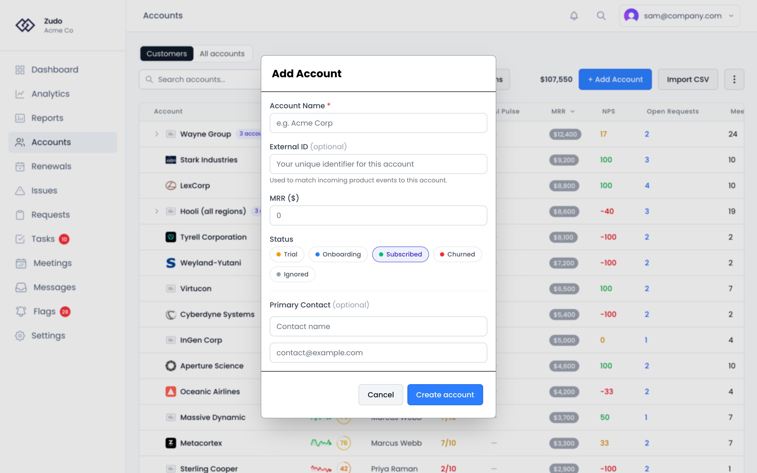 The Add Account dialog with fields for the account name, external ID, MRR, status and an optional primary contact