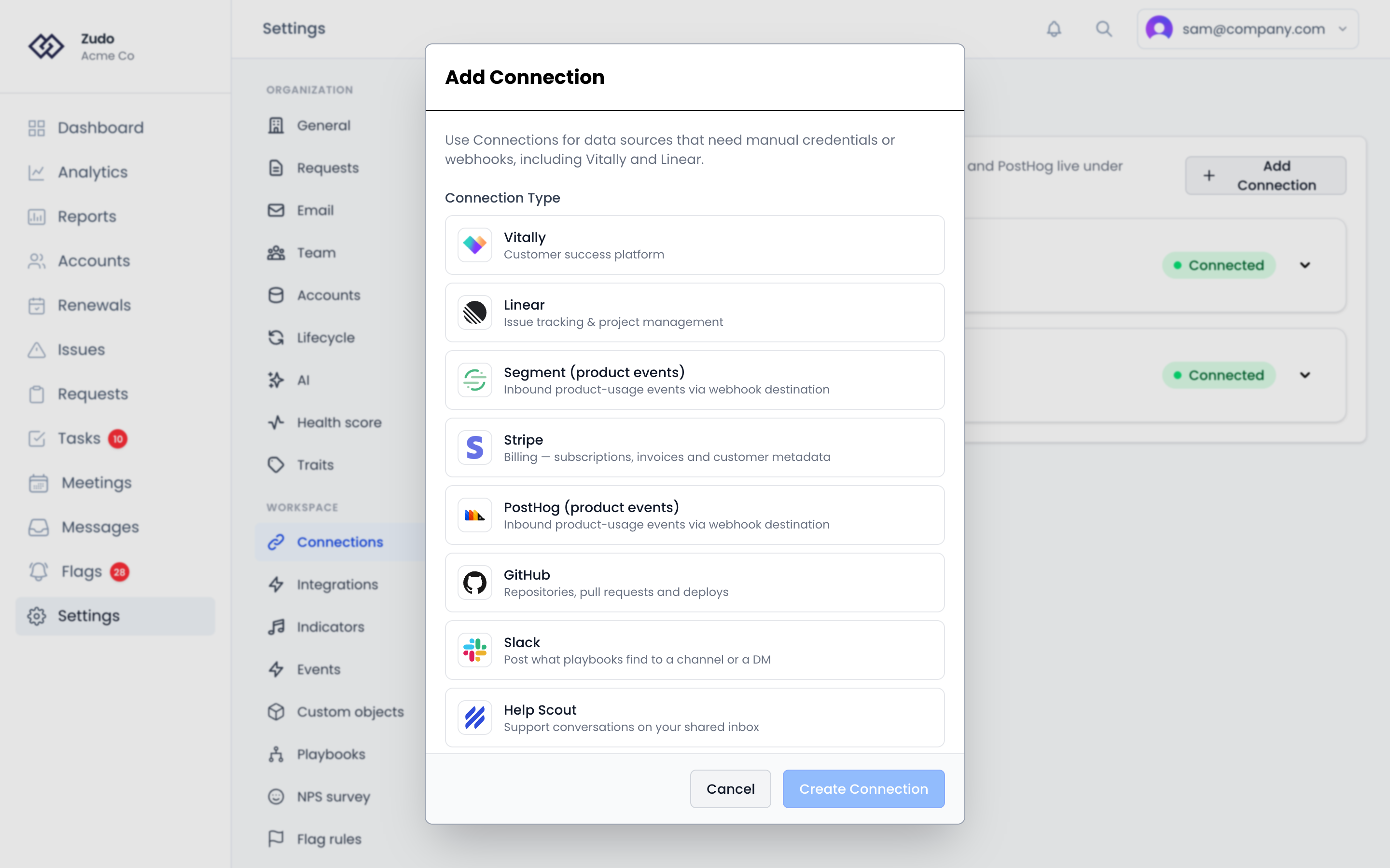 The Add Connection dialog, with a card for each platform you can connect