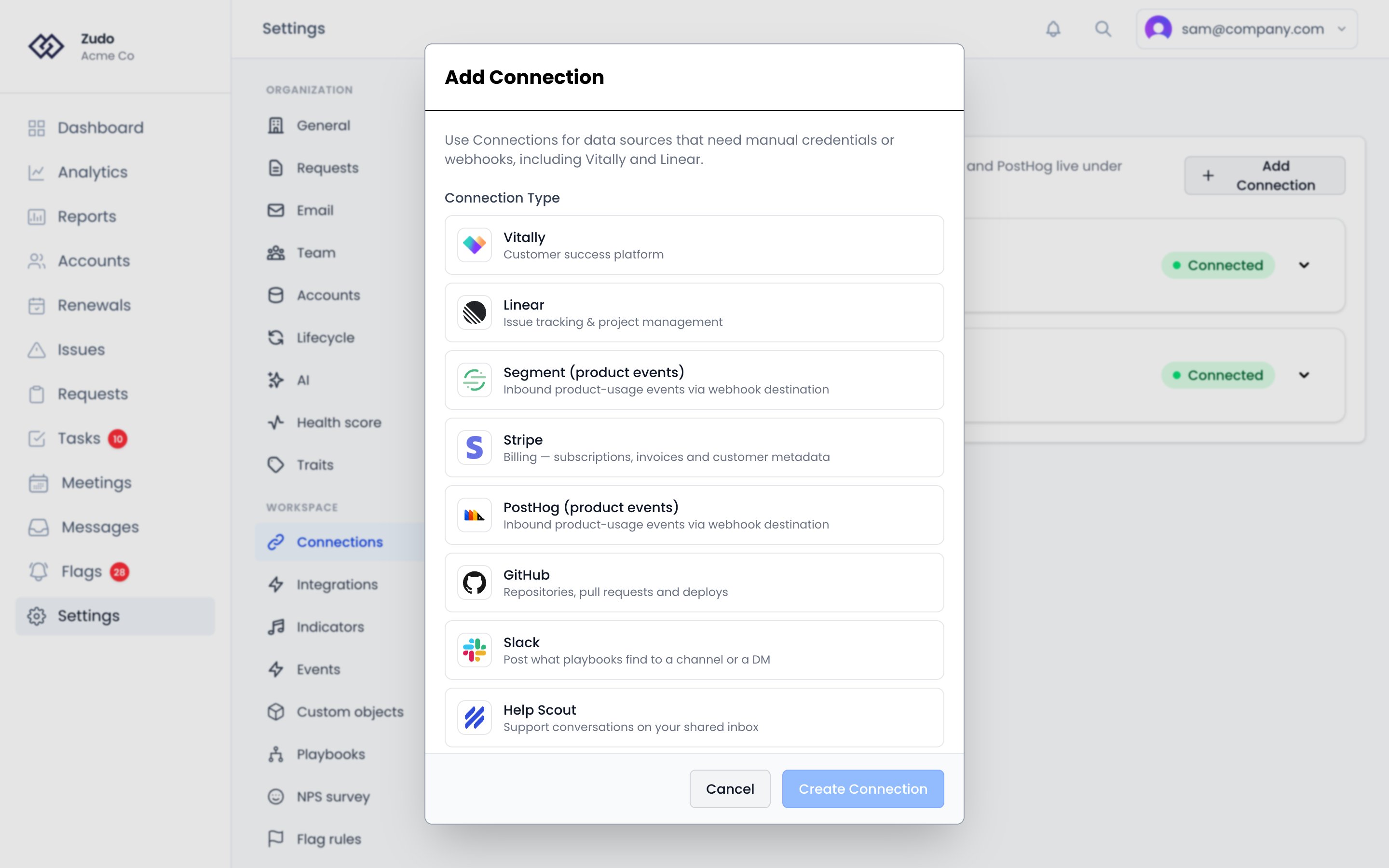 The Add Connection dialog, with a card for each platform you can connect