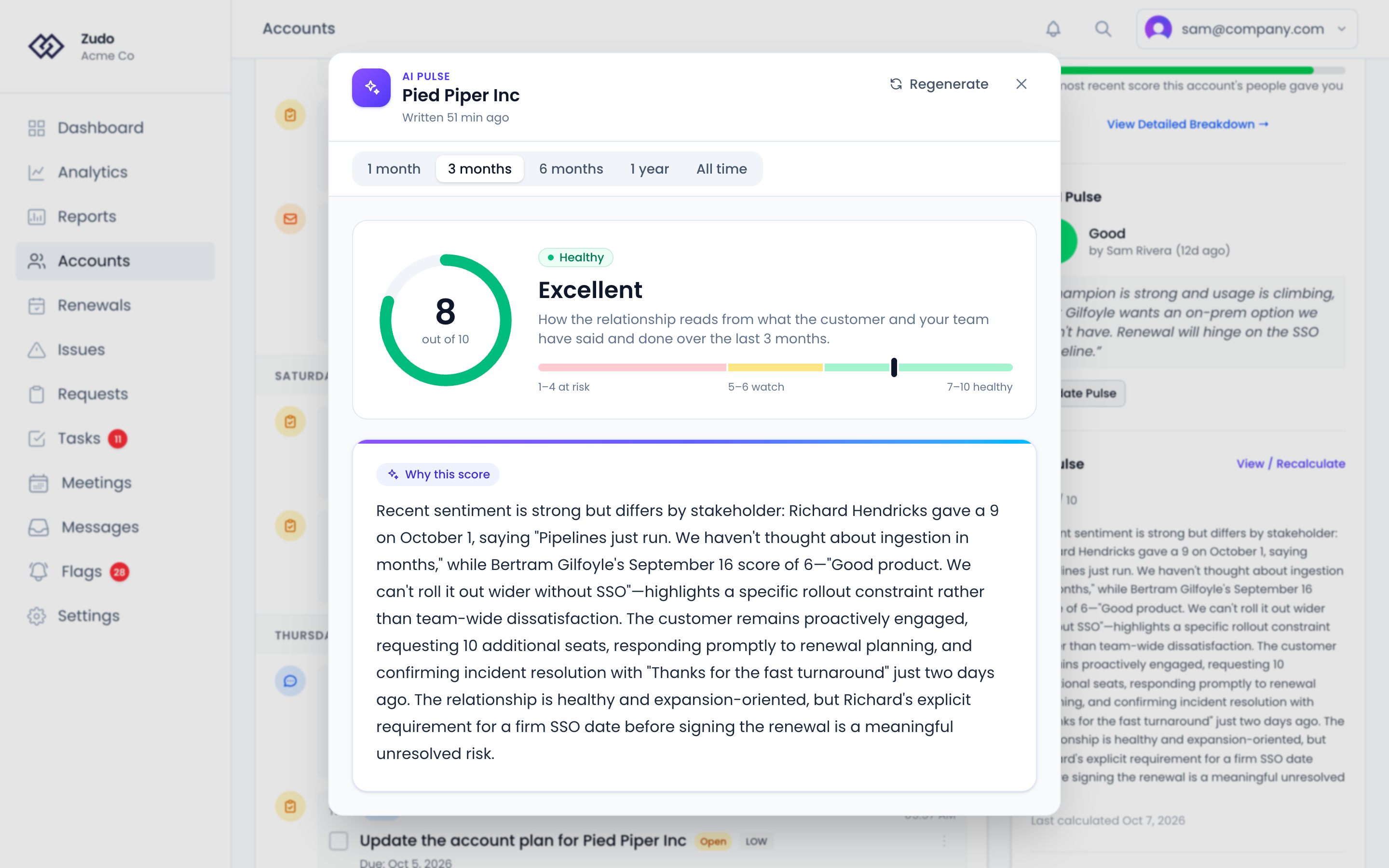 The AI Pulse dialog for an account: a score out of 10 and the AI's written assessment of the relationship