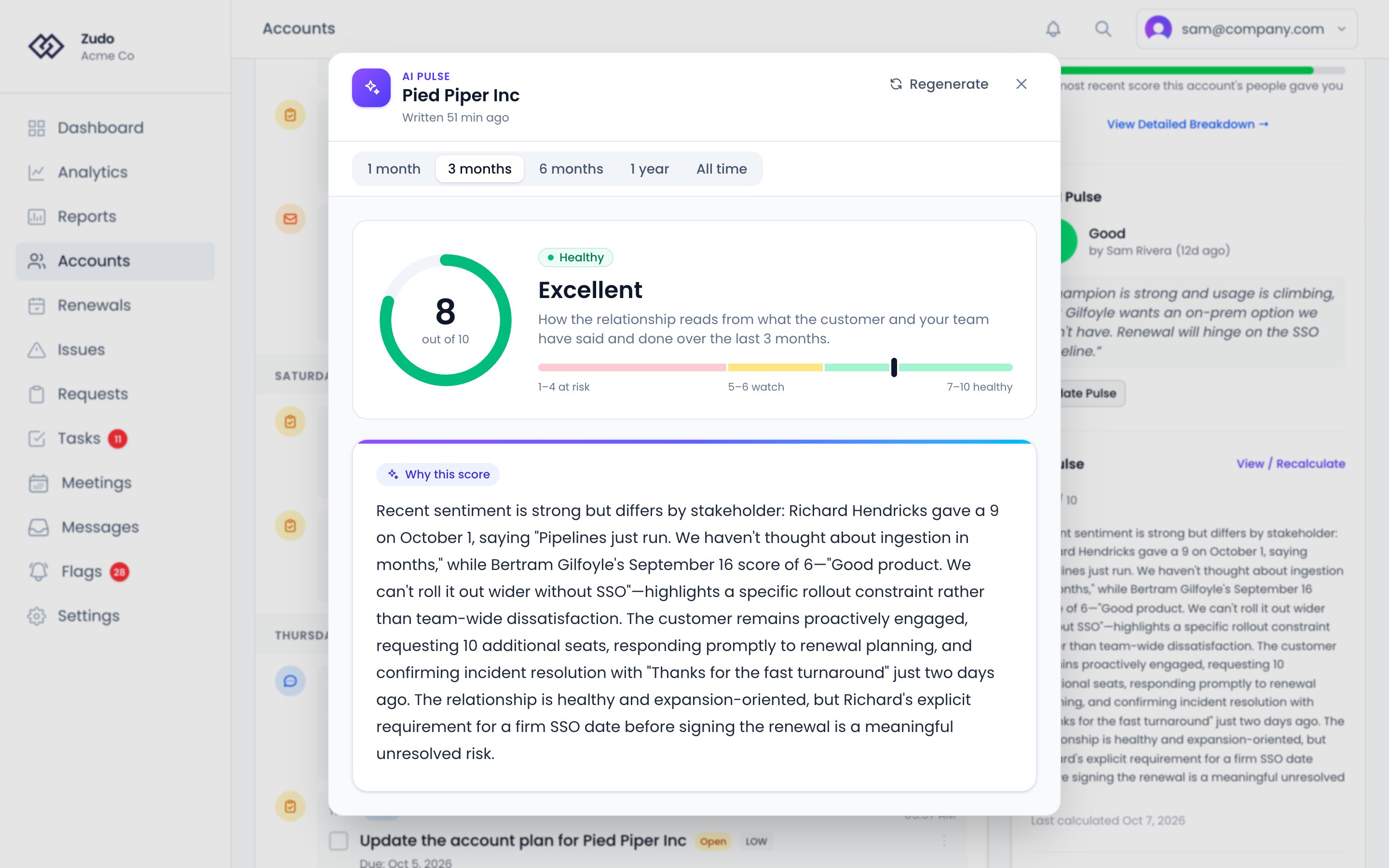 The AI Pulse dialog for an account: a score out of 10 and the AI's written assessment of the relationship