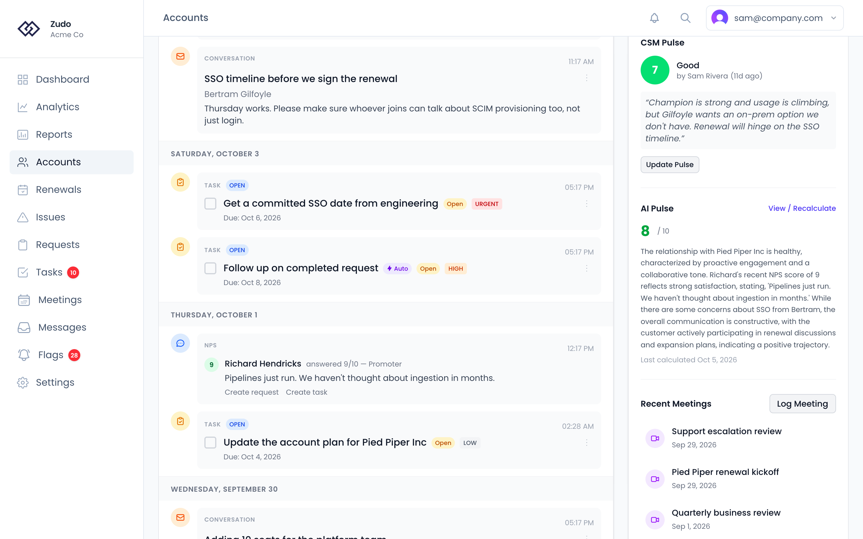 The CSM Pulse section on an account's sidebar: a score of 7, who set it and when, their note, and the Update Pulse button
