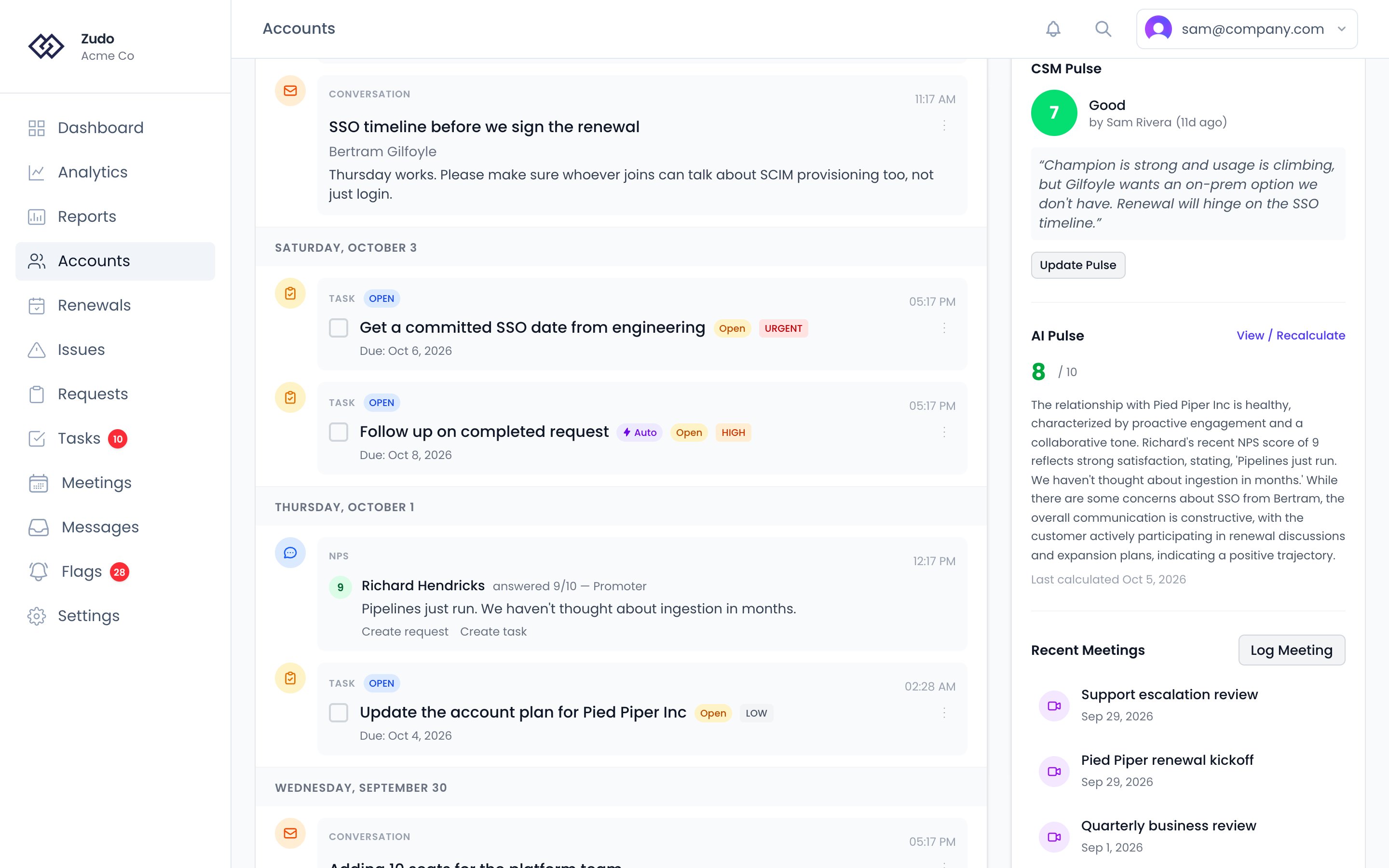 The CSM Pulse section on an account's sidebar: a score of 7, who set it and when, their note, and the Update Pulse button