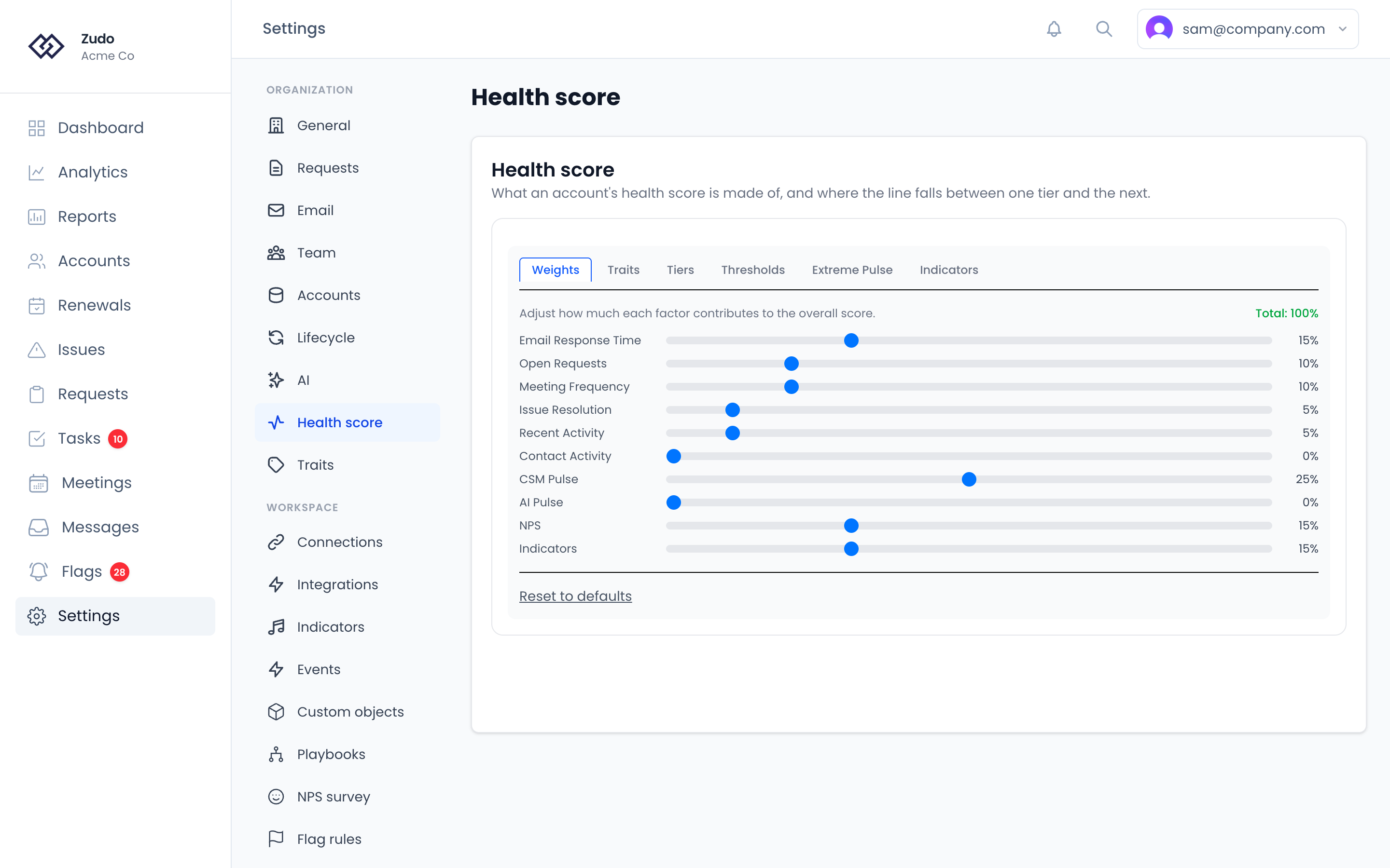 Settings → Organization → Health score, on the Weights tab: a weight for each scoring factor, with tabs for tiers, thresholds, extreme pulse and indicators