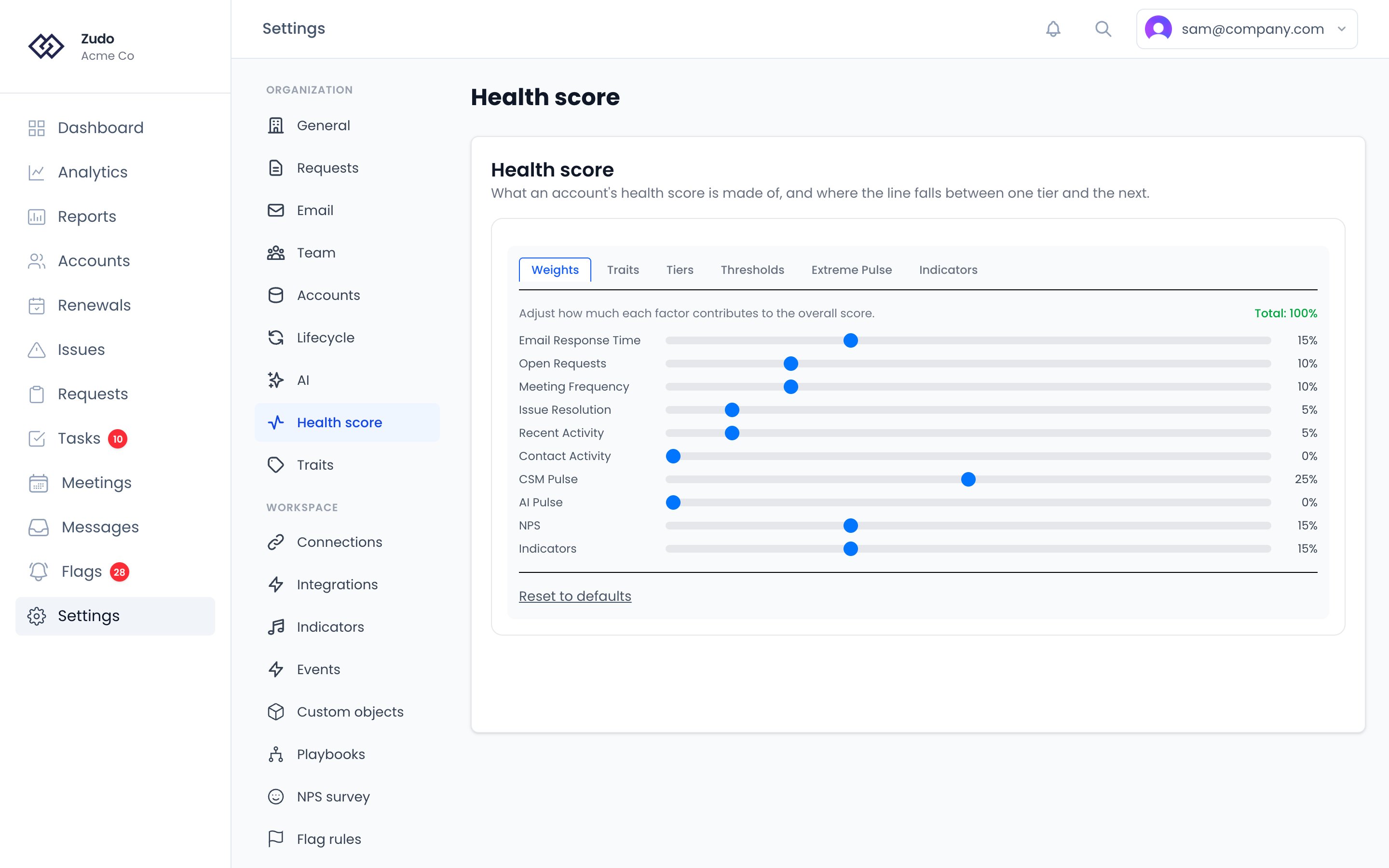 Settings → Organization → Health score, on the Weights tab: a weight for each scoring factor, with tabs for tiers, thresholds, extreme pulse and indicators