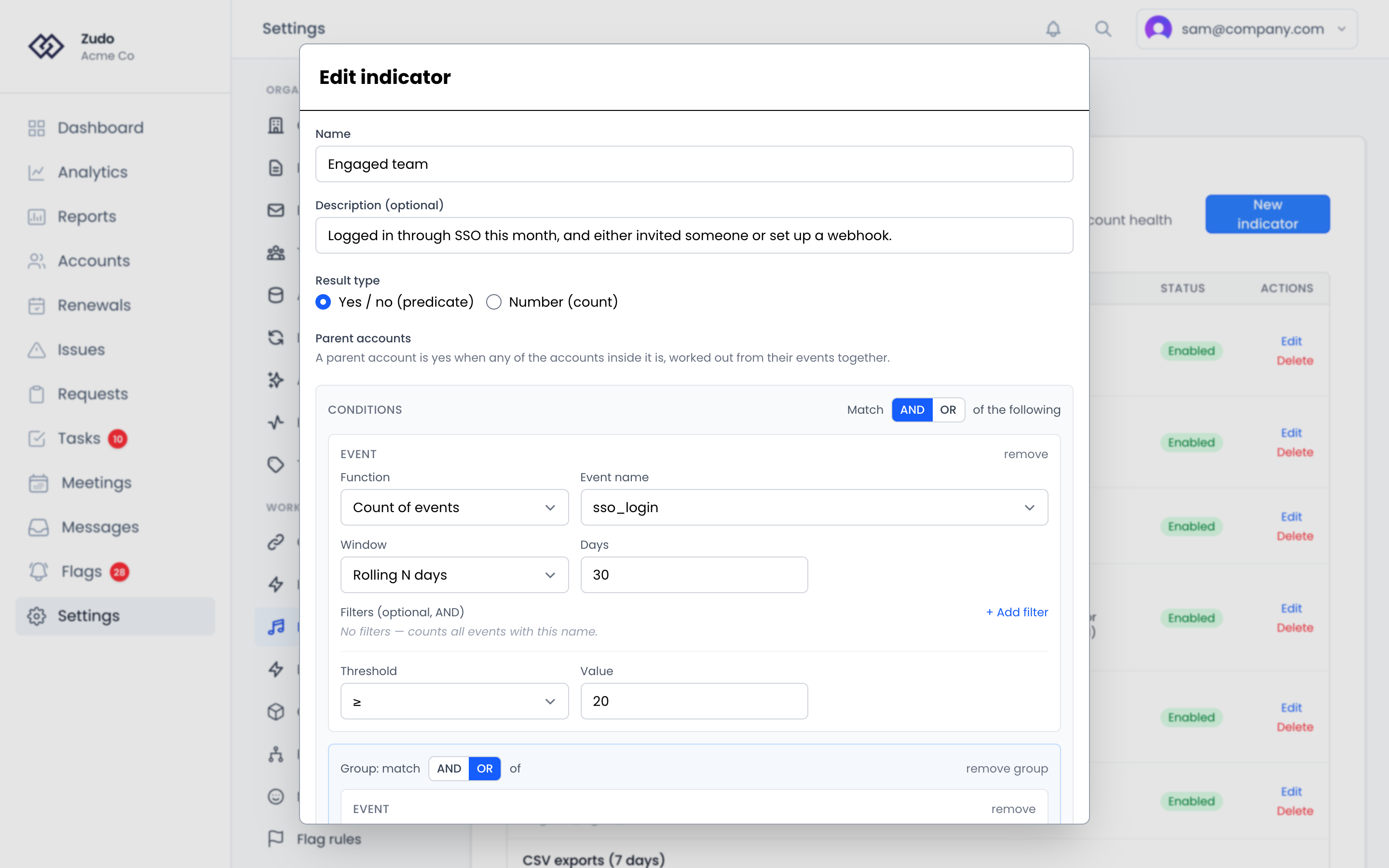 The indicator builder: name, description, result type and how parent accounts are handled, then event rows each with a function, event name, time window and threshold