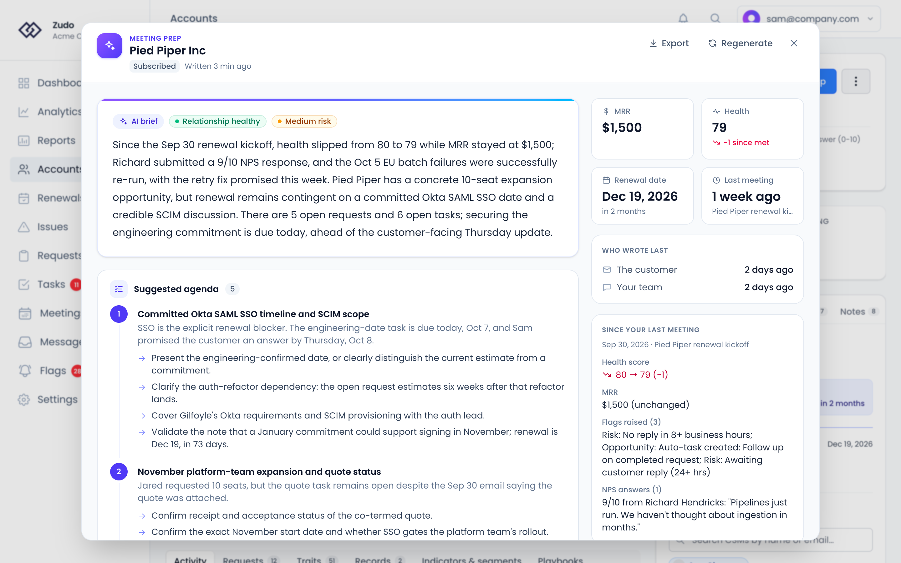 A generated Meeting Prep briefing for an account: the executive summary, relationship health and the suggested agenda, with the Export menu at the top