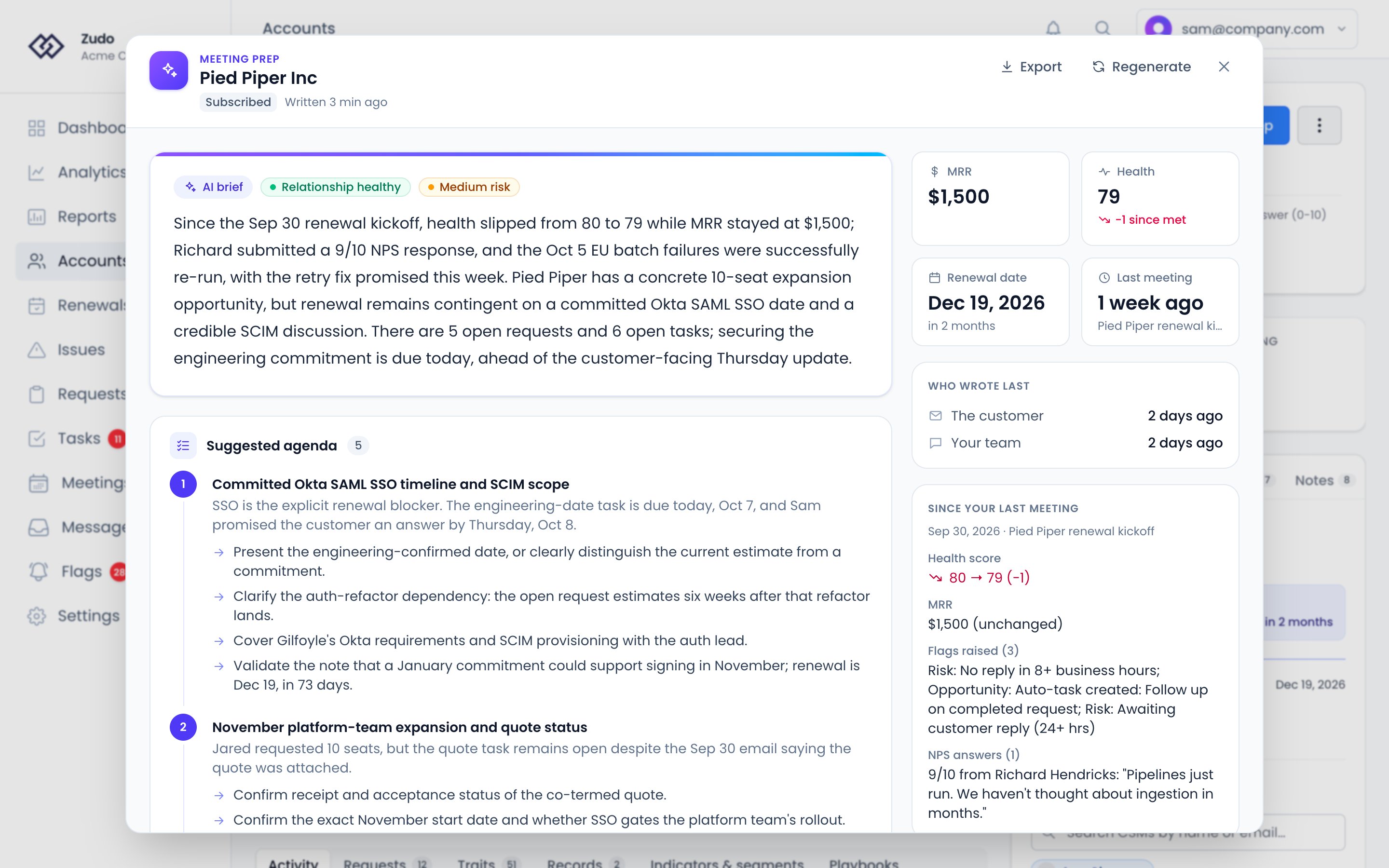 A generated Meeting Prep briefing for an account: the executive summary, relationship health and the suggested agenda, with the Export menu at the top
