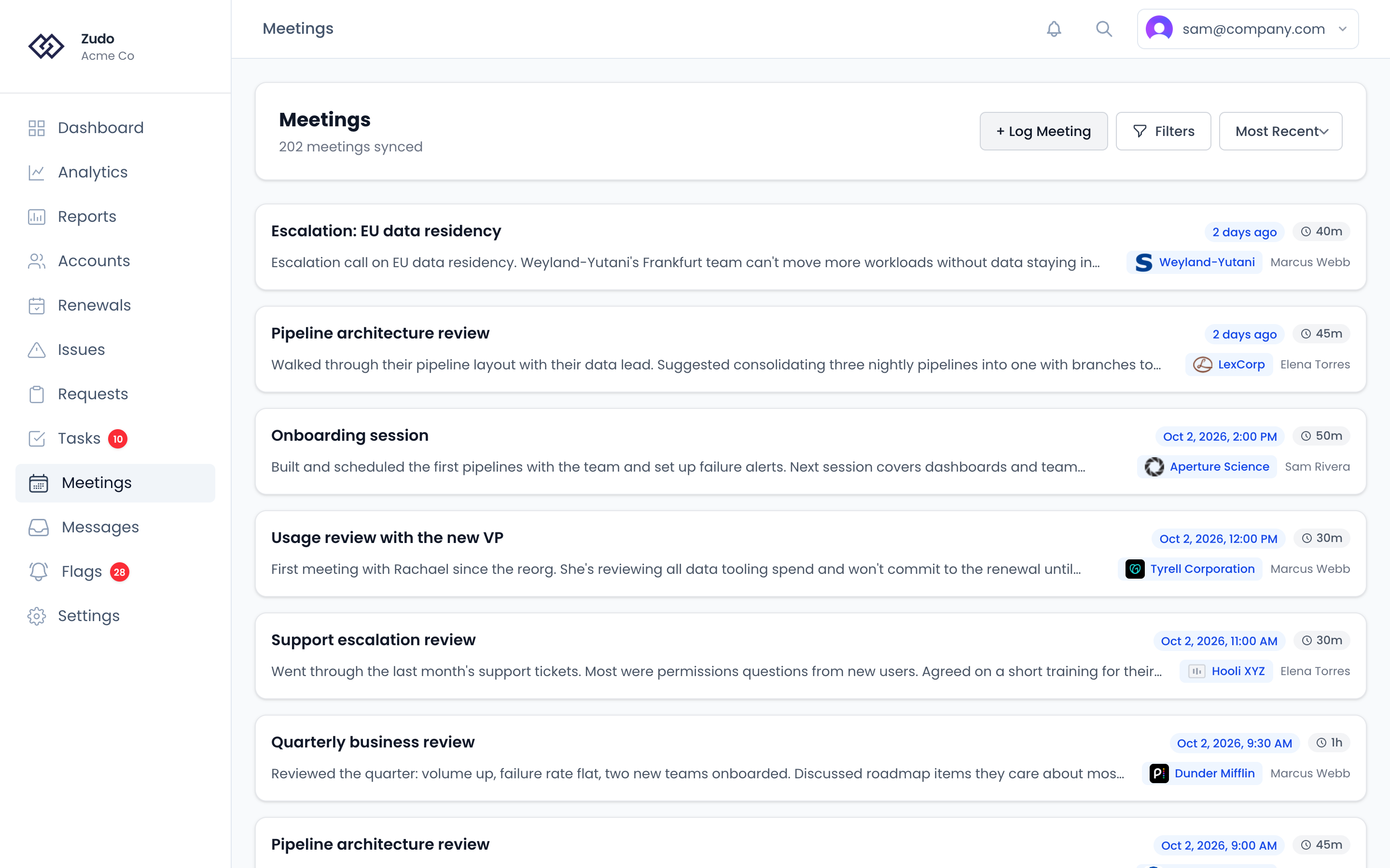 The Meetings page: meeting cards with each one's title, date, duration, overview, account and CSM, under search, filter and sort controls