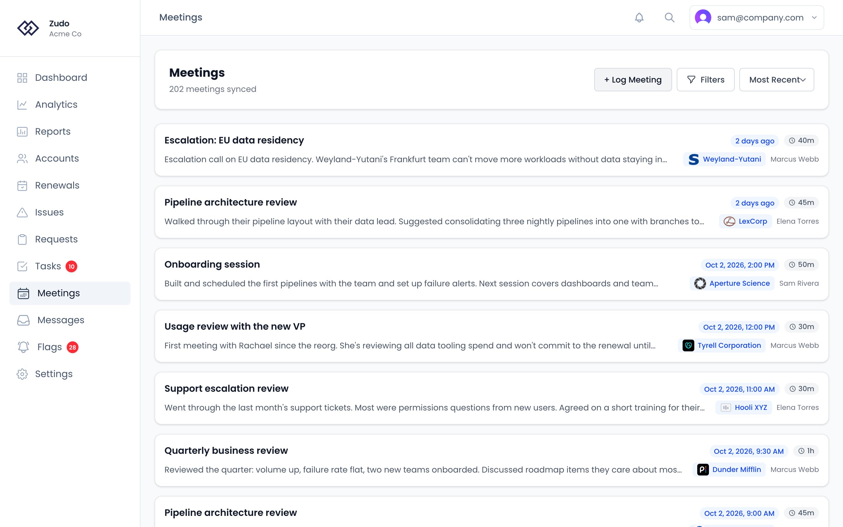 The Meetings page: meeting cards with each one's title, date, duration, overview, account and CSM, under search, filter and sort controls