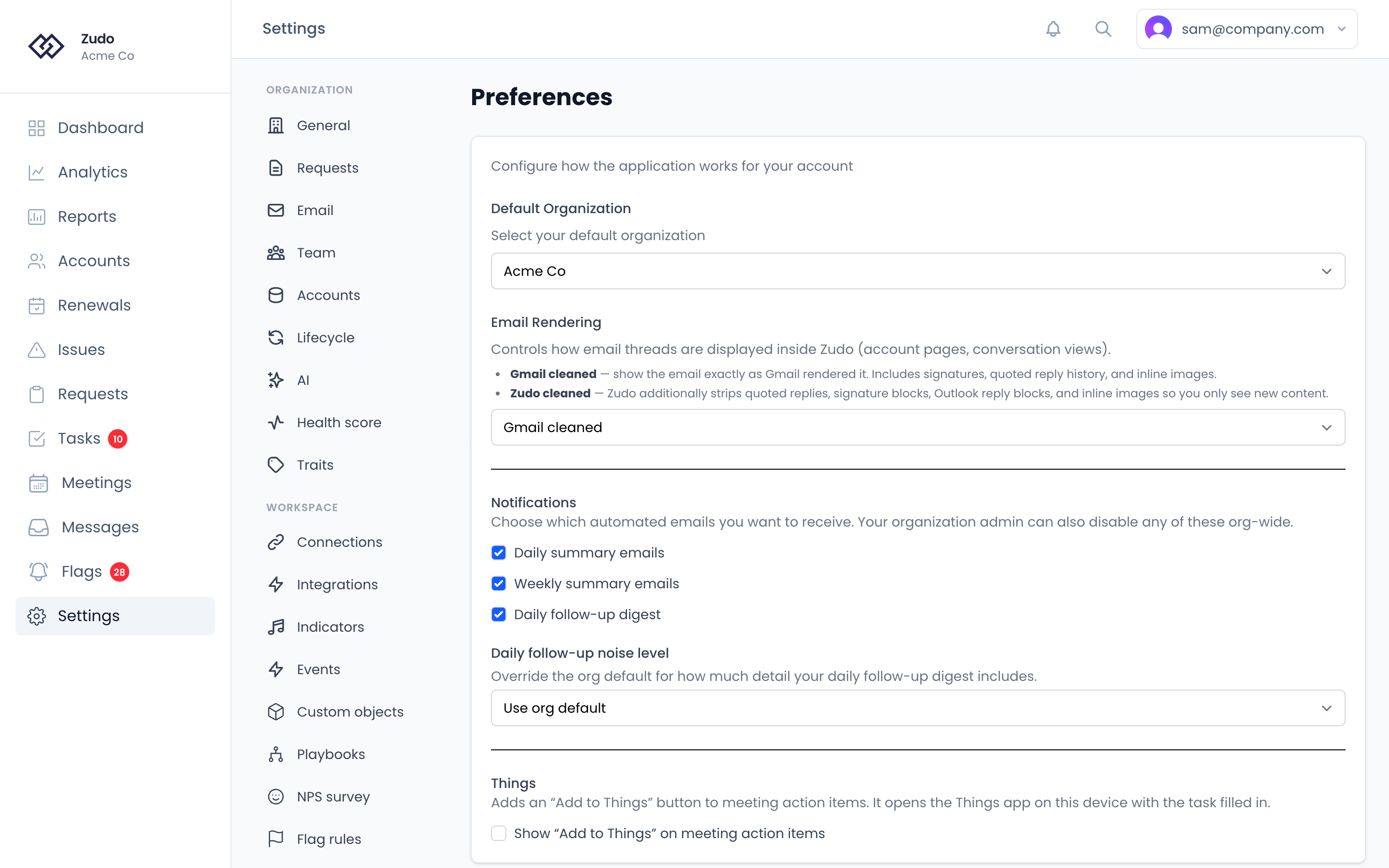 Settings → Preferences: the default organization, email rendering, notification toggles with the daily follow-up noise level, and the Things settings