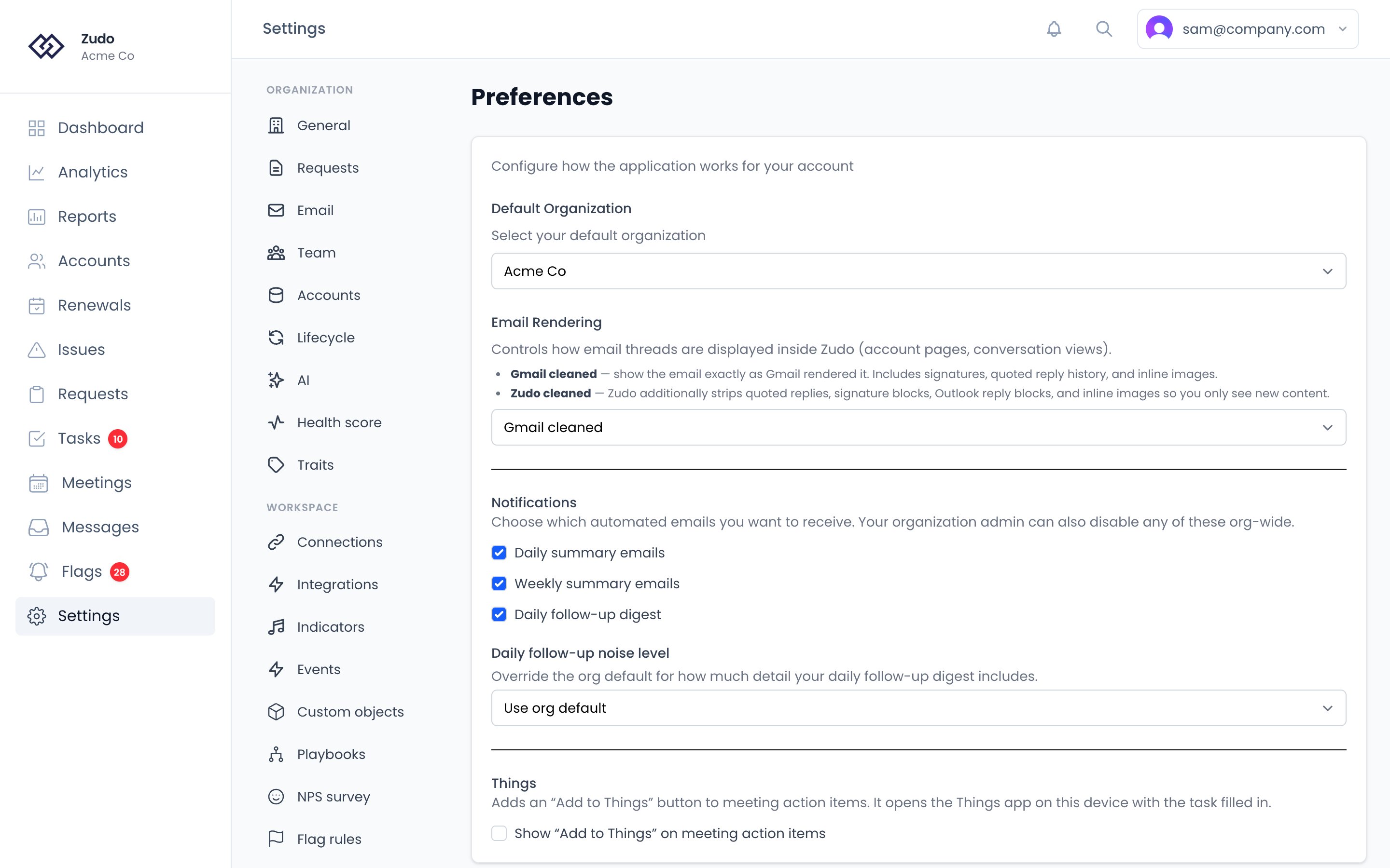 Settings → Preferences: the default organization, email rendering, notification toggles with the daily follow-up noise level, and the Things settings
