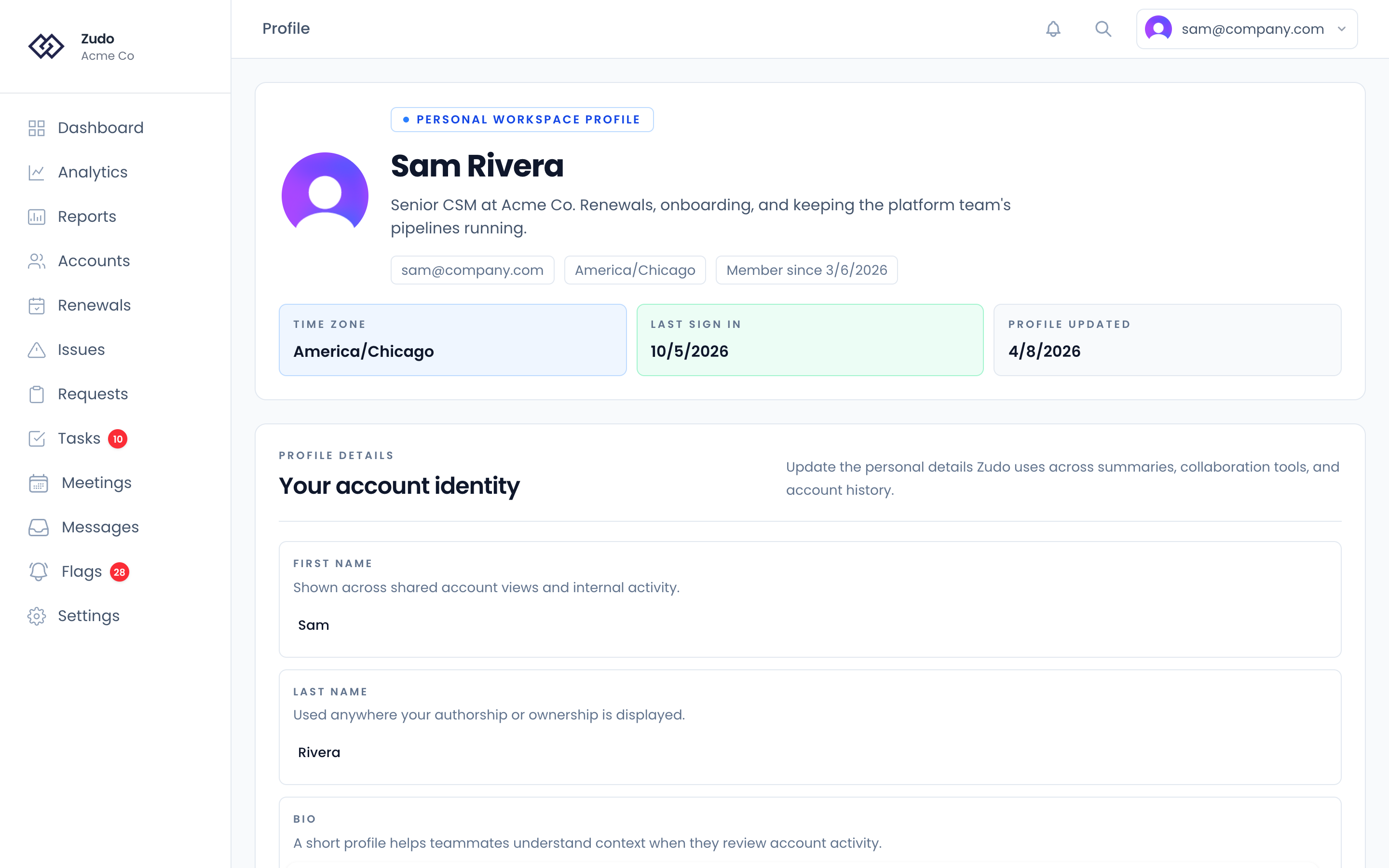 The Profile page: your name, bio and time zone, the email addresses on your account, your email forwarding address, and account statistics