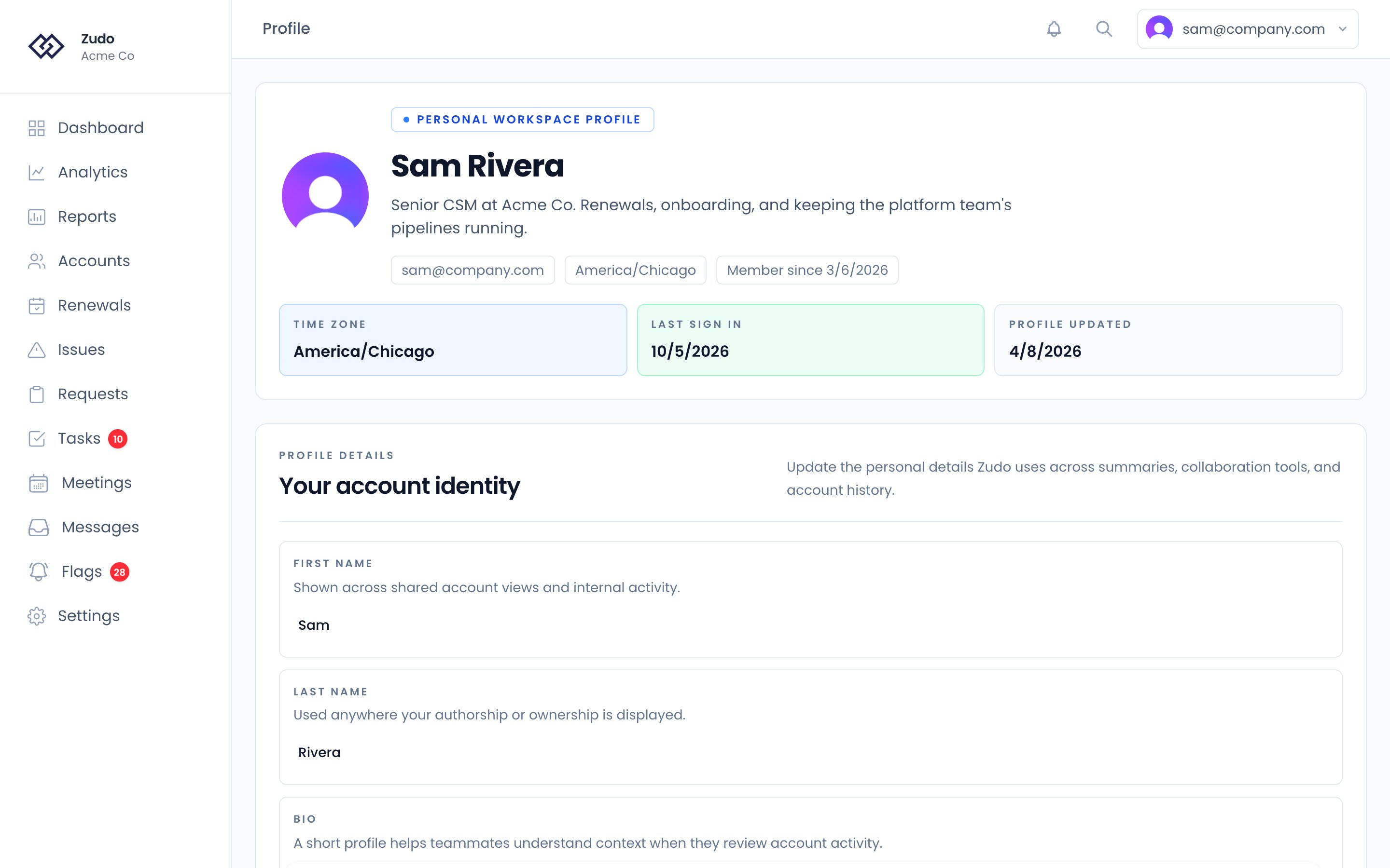 The Profile page: your name, bio and time zone, the email addresses on your account, your email forwarding address, and account statistics