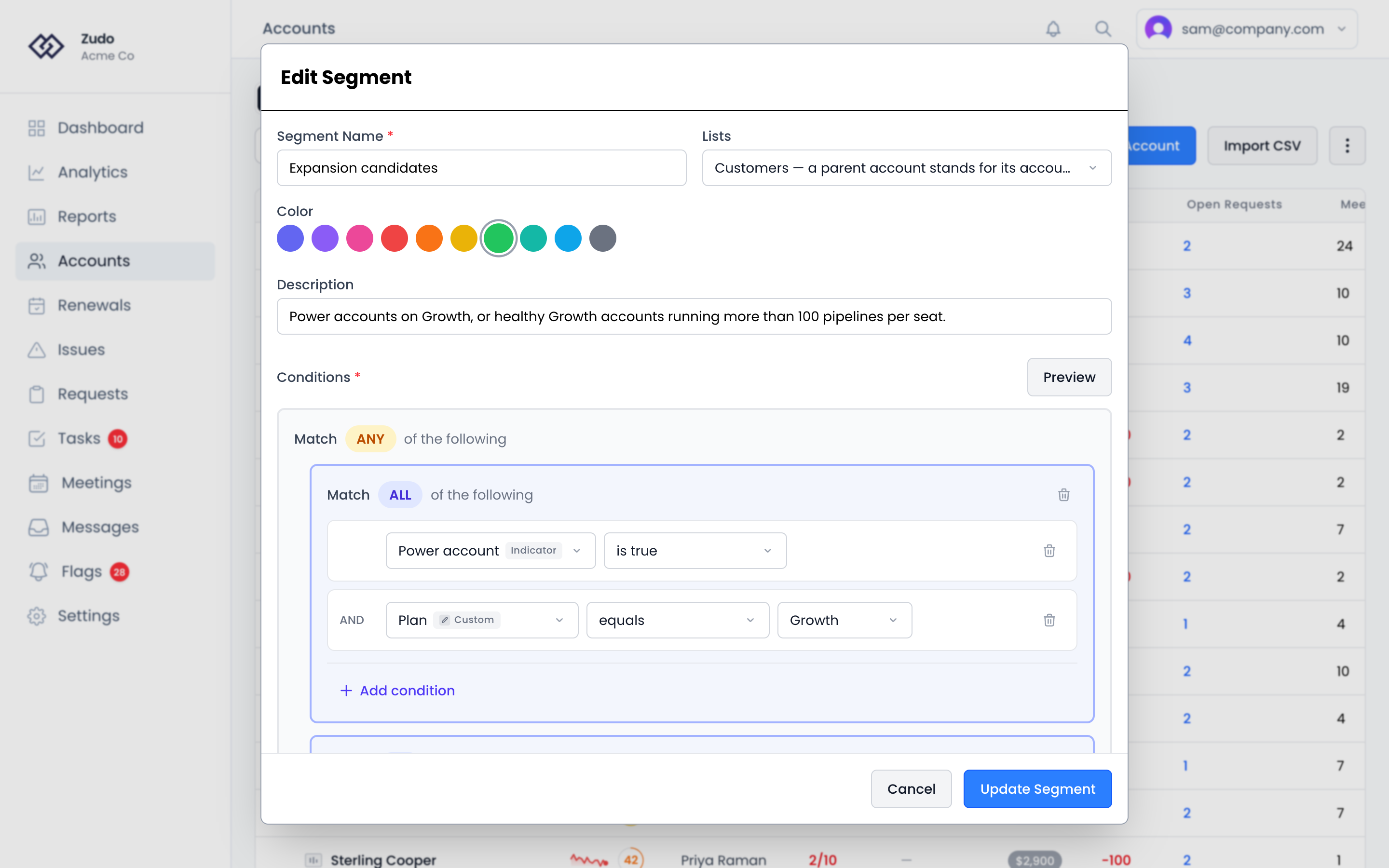 The Create Segment dialog: the segment's name, what it lists, a color and a description, then a Match ALL condition group with Add condition, Add group and Preview