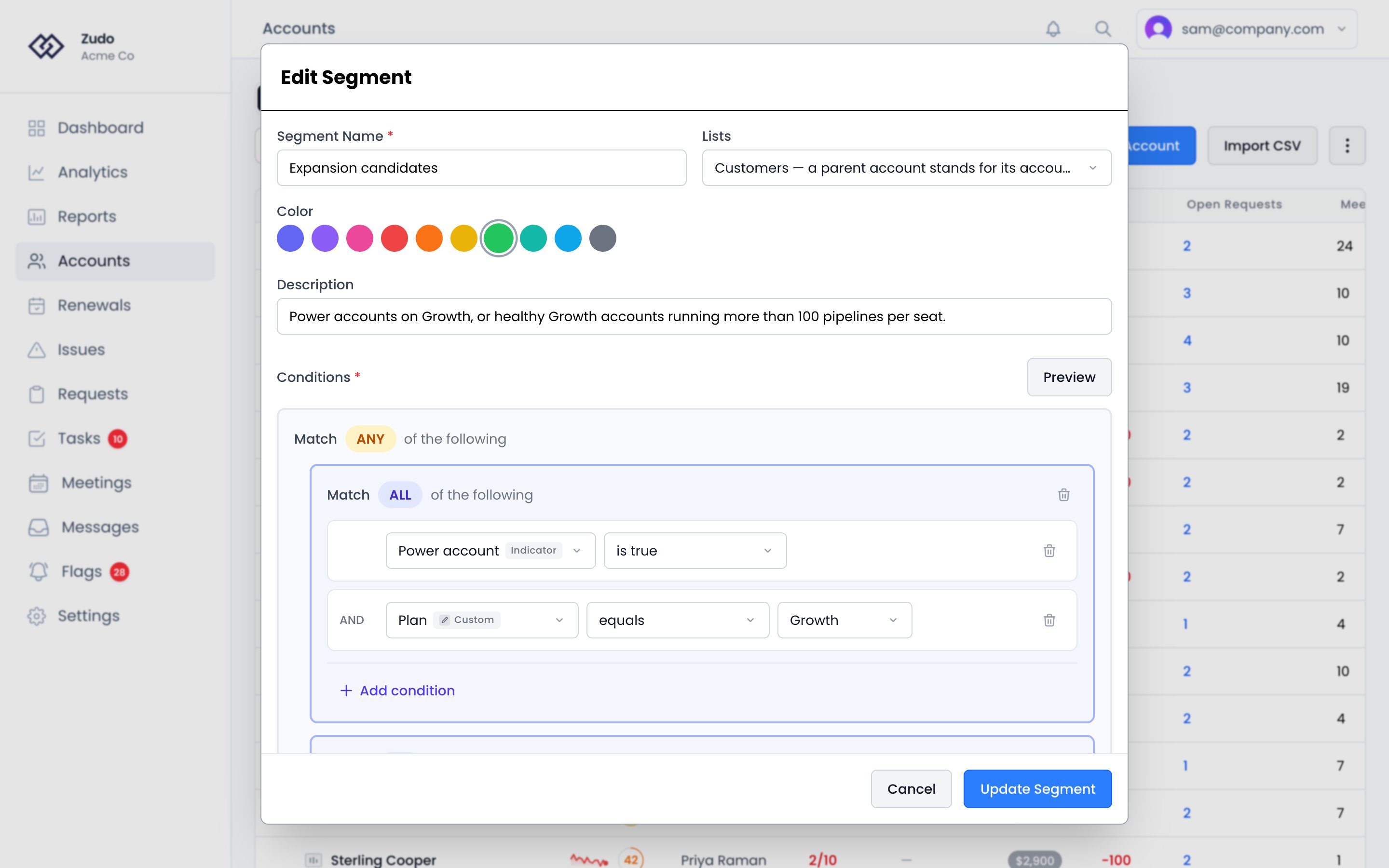The Create Segment dialog: the segment's name, what it lists, a color and a description, then a Match ALL condition group with Add condition, Add group and Preview