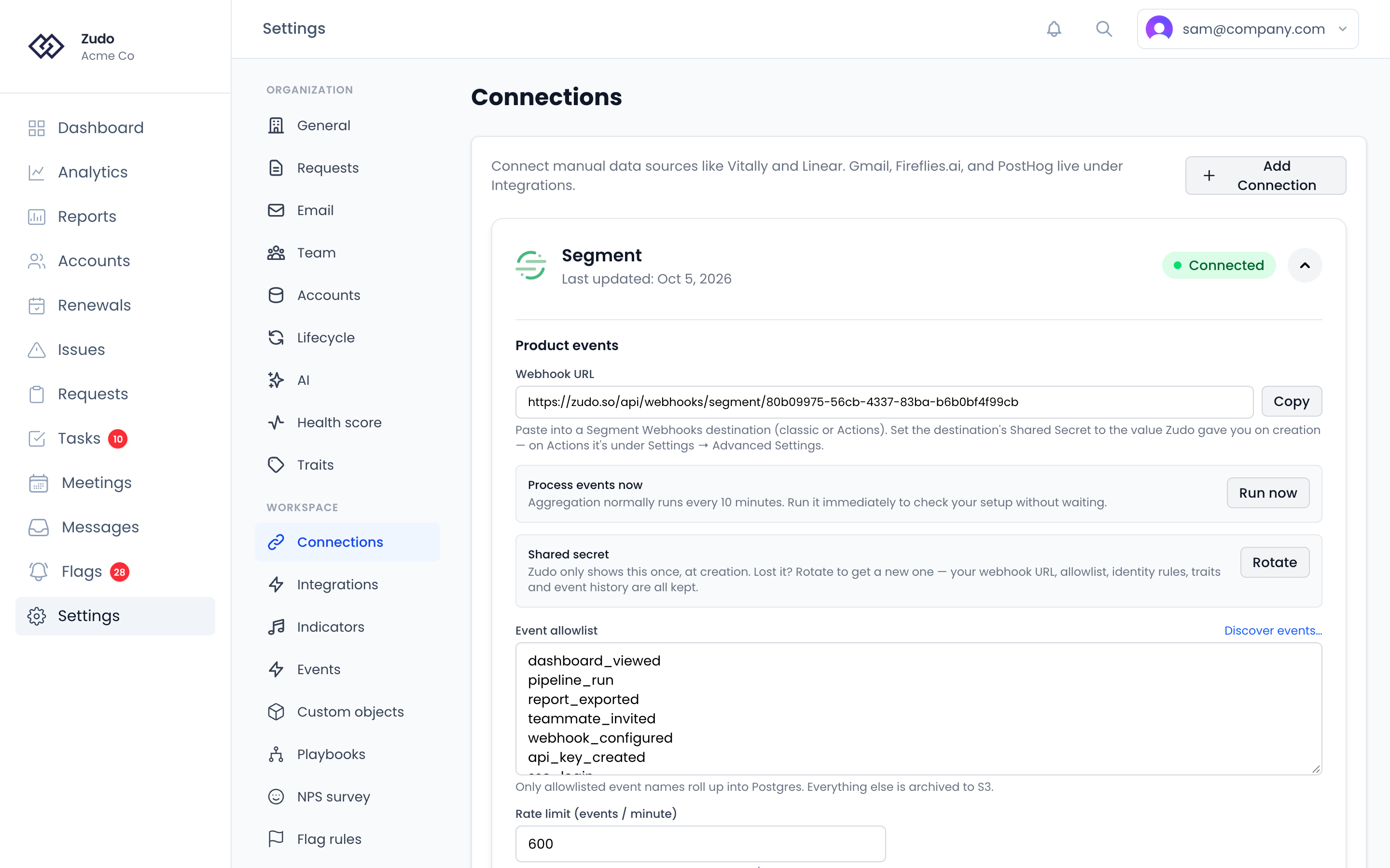 The Segment connection open on Settings → Connections: its webhook URL, Process events now, the shared secret, and the event allowlist