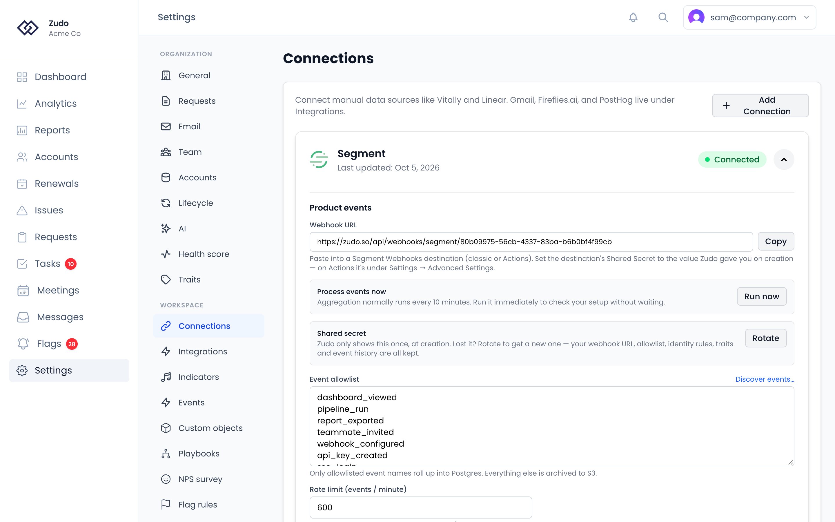 The Segment connection open on Settings → Connections: its webhook URL, Process events now, the shared secret, and the event allowlist