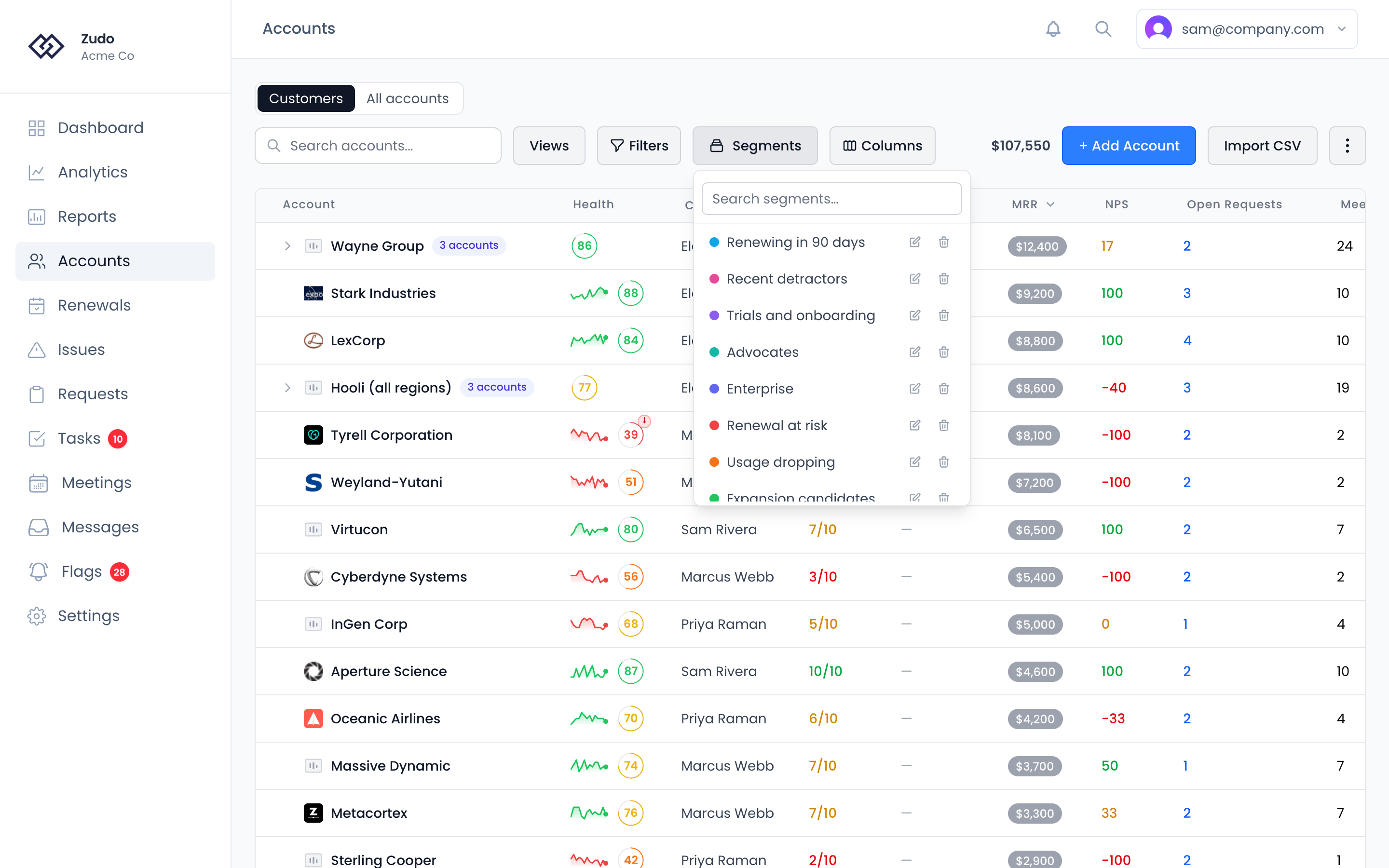The Segments menu open on the Accounts page: a search box above the saved segments, each with a colored dot and buttons to edit or delete it