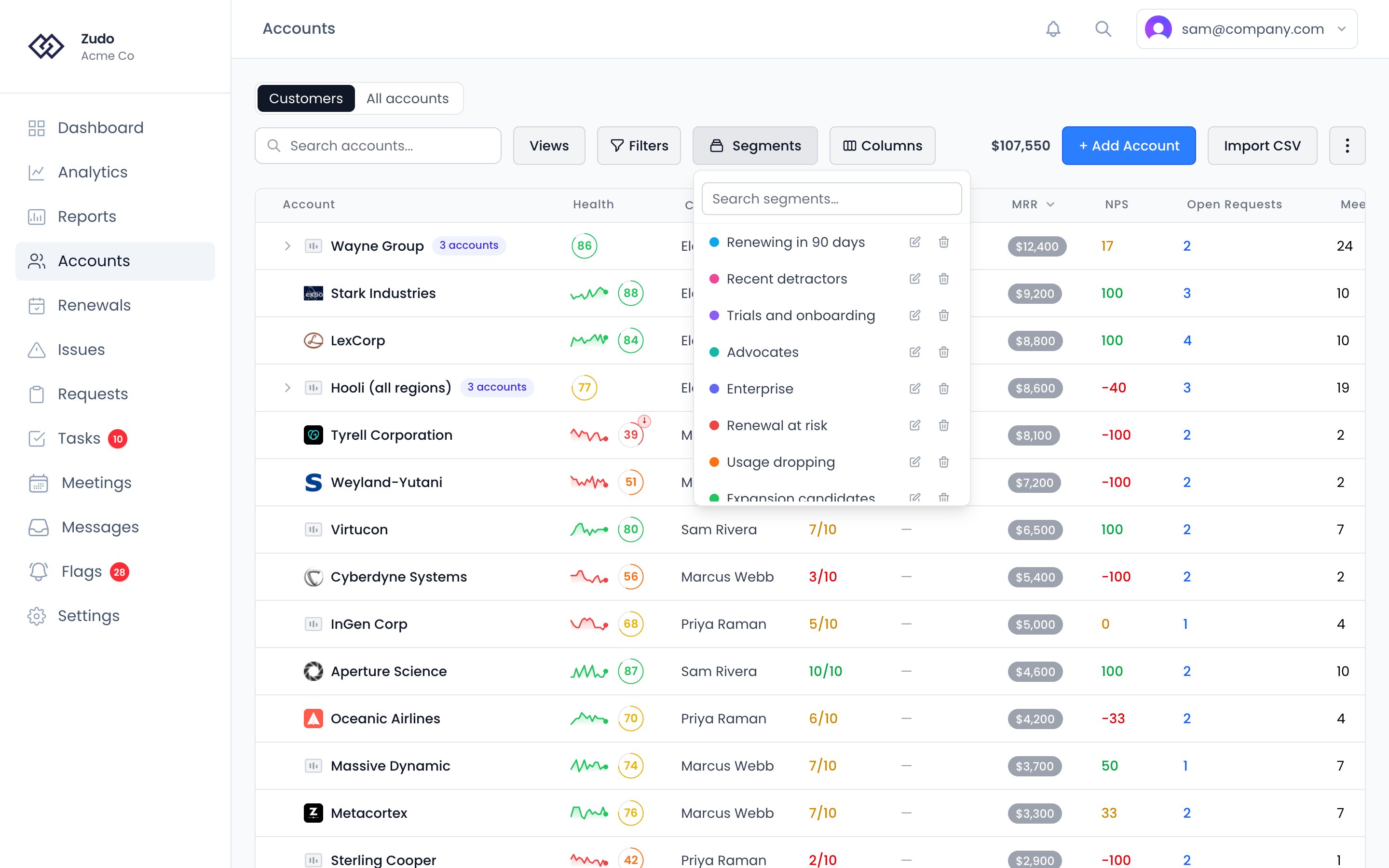 The Segments menu open on the Accounts page: a search box above the saved segments, each with a colored dot and buttons to edit or delete it