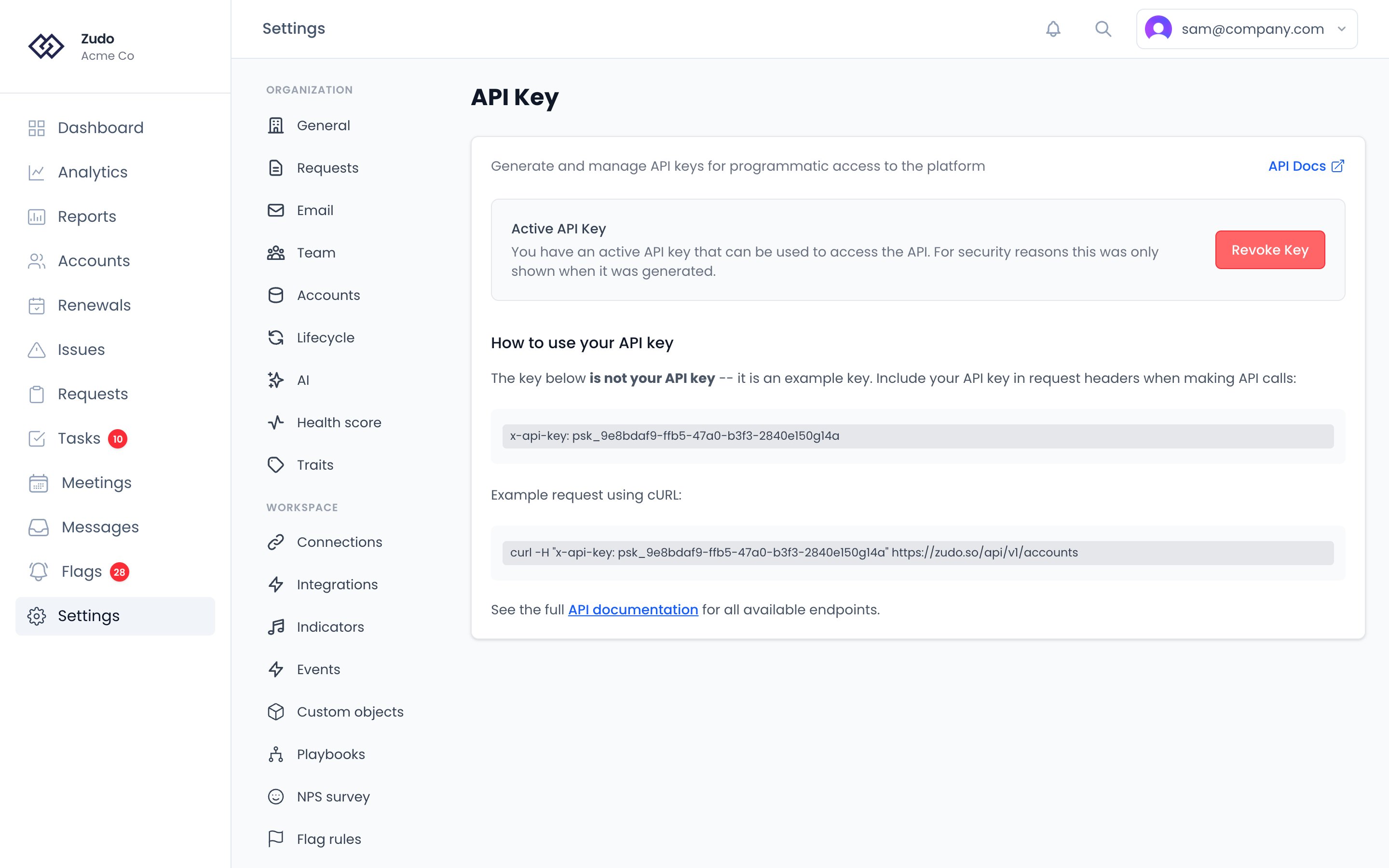 Settings → API Key: the active key and the button to generate a new one, above instructions for using the key