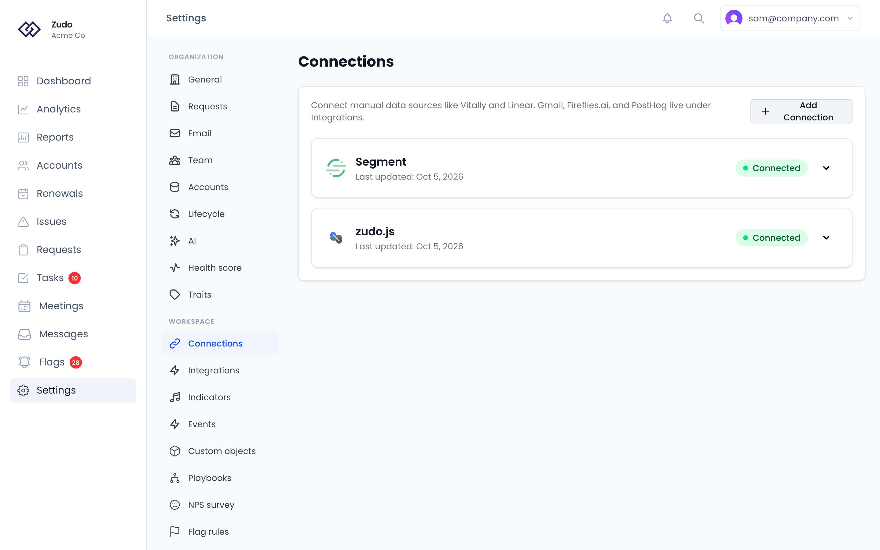 Settings → Connections, with a card for each platform the organization has connected
