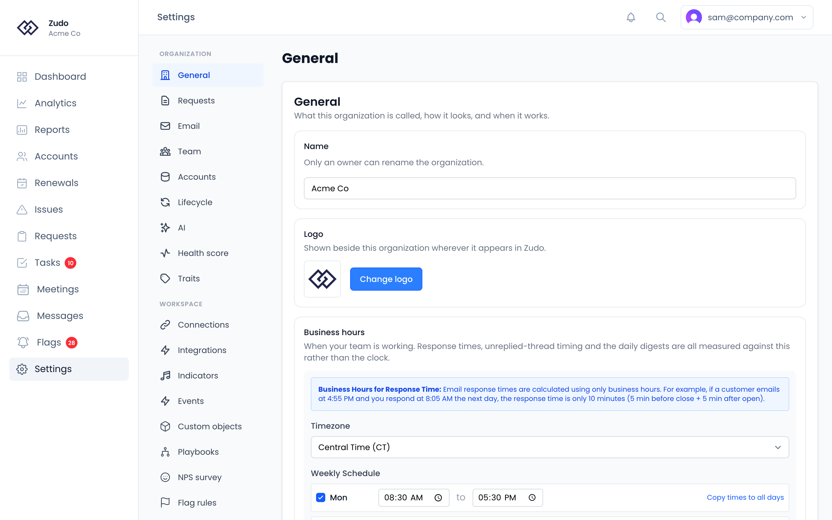 Settings → Organization → General: the organization's name, its logo, and the business hours with a timezone and a weekly schedule