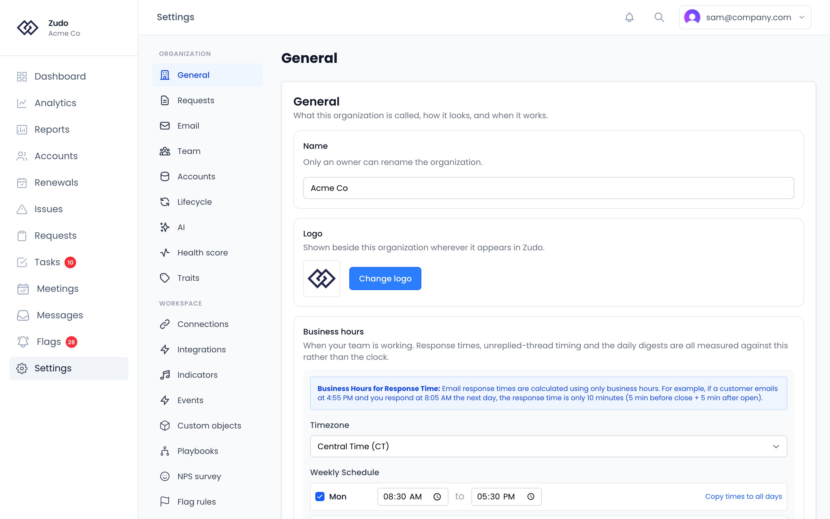 Settings → Organization → General: the organization's name, its logo, and the business hours with a timezone and a weekly schedule