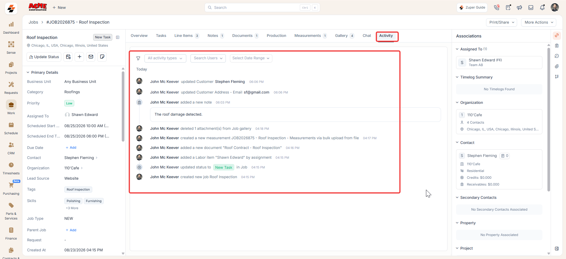Activity tab on the job details page