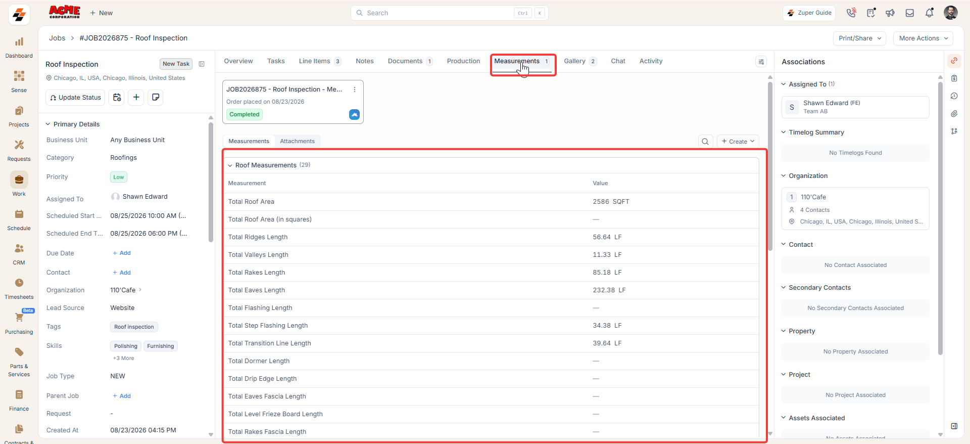 Measurements tab on the job details page