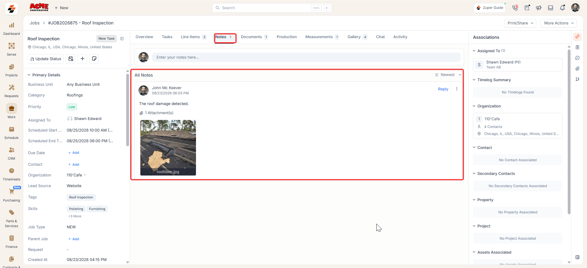 Notes tab on the job details page