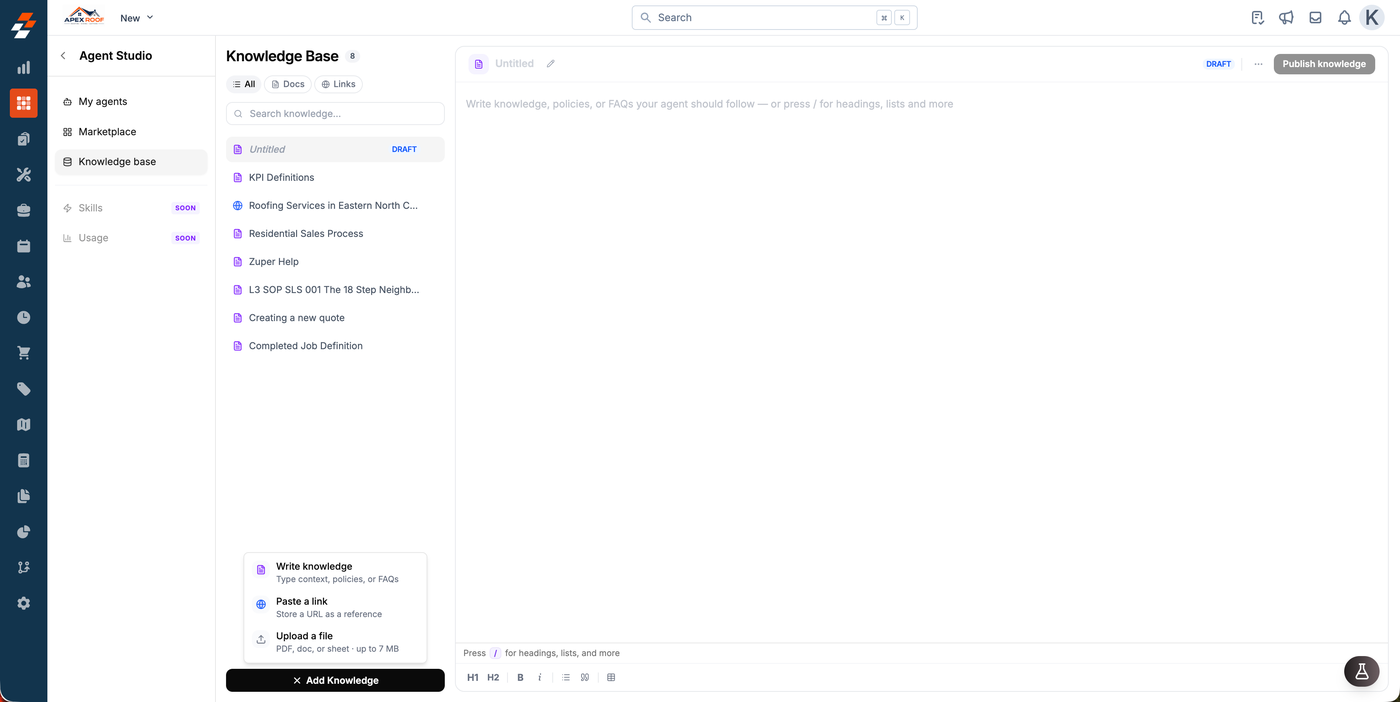 The Knowledge Base list with the Add Knowledge menu open, showing the Write knowledge, Paste a link and Upload a file options