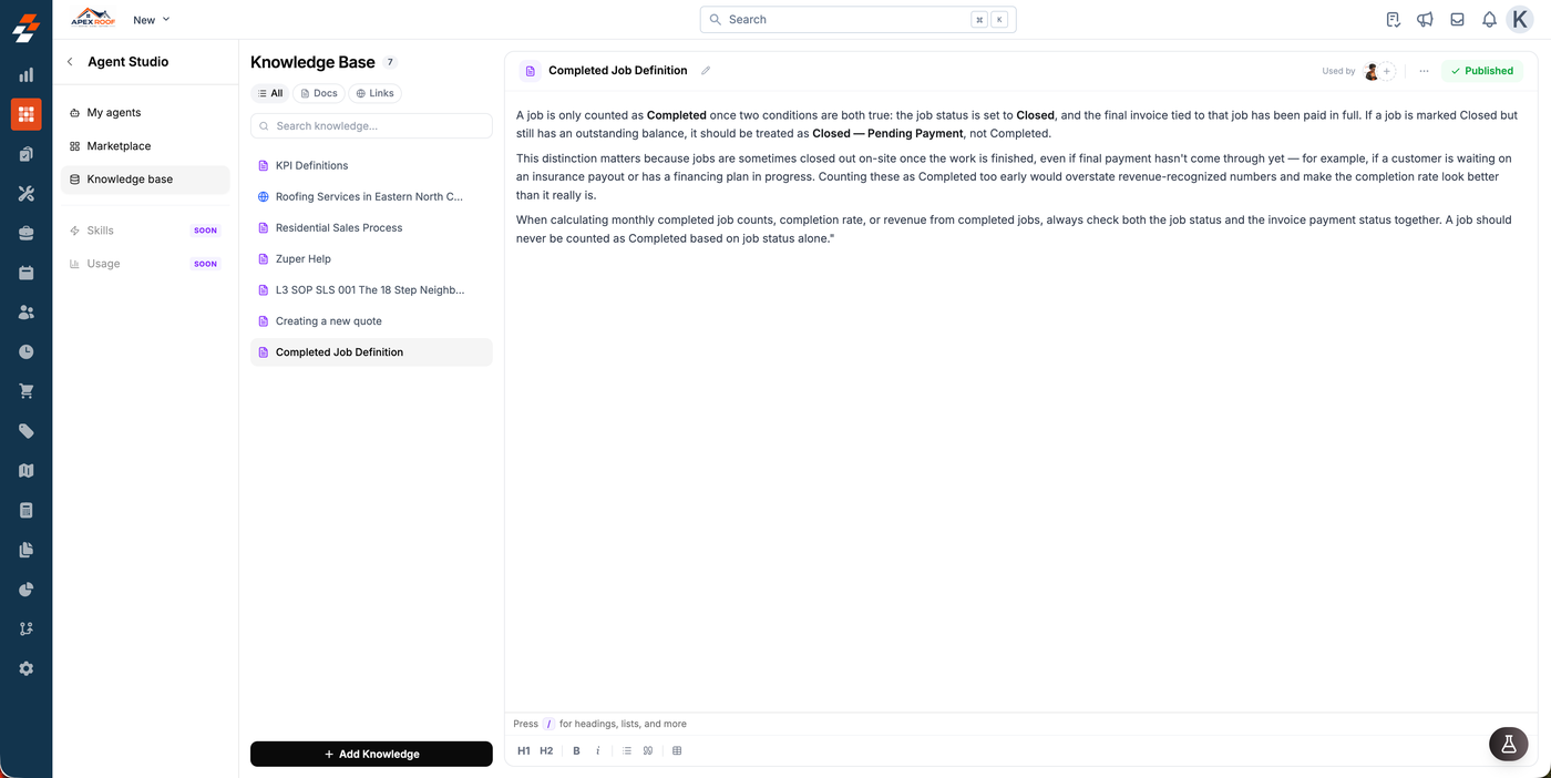 A published Knowledge Base entry titled Completed Job Definition, showing the rule text and the Published state