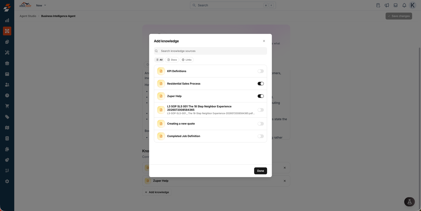 The Add knowledge dialog listing every entry with a toggle beside each one