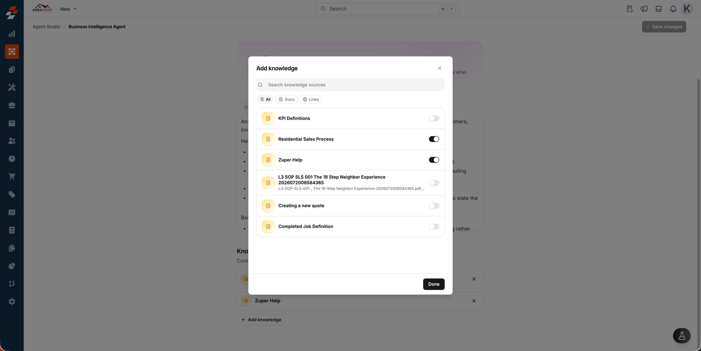 The Add knowledge dialog listing every entry with a toggle beside each one