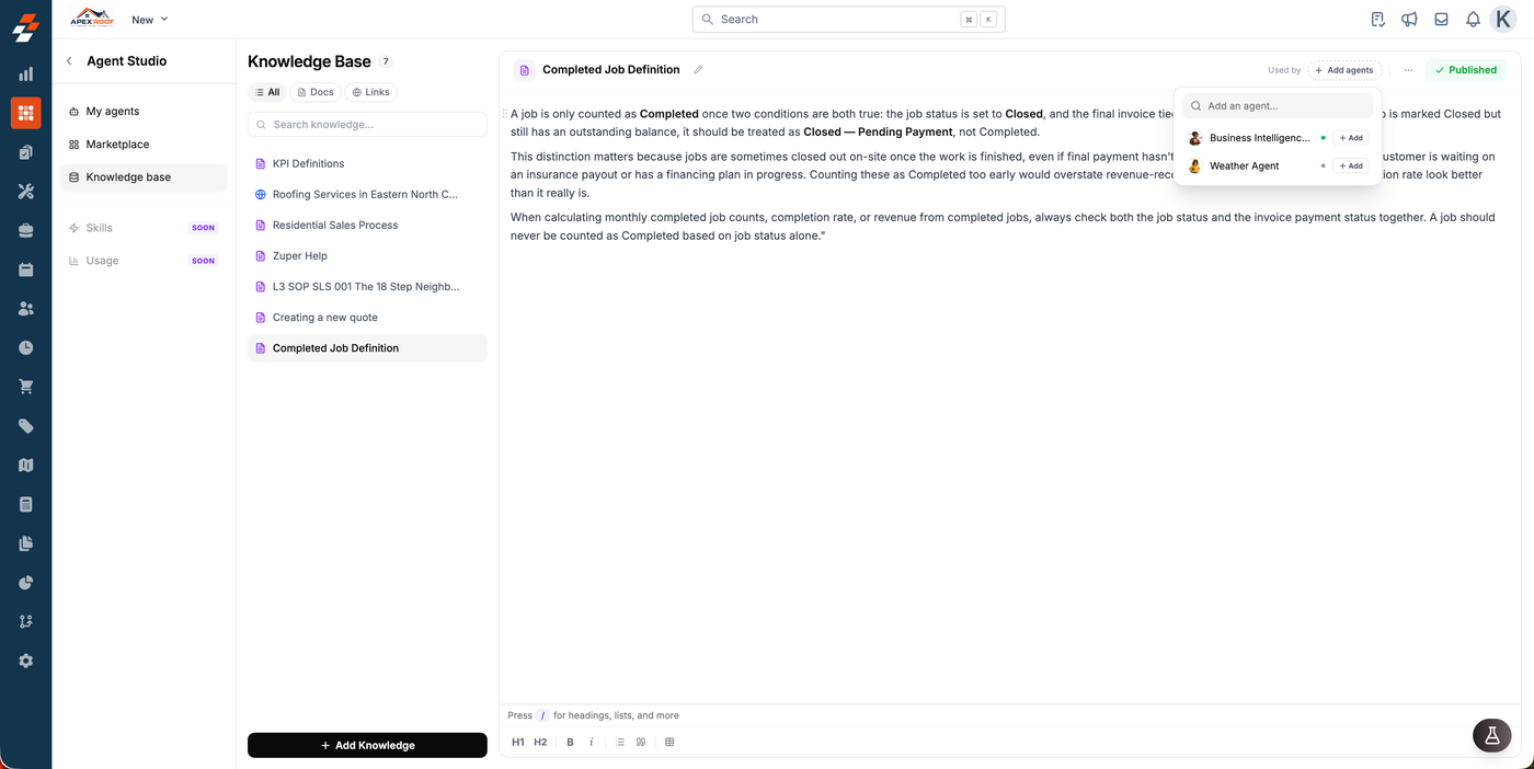 The Used by panel on a Knowledge Base entry, listing the Business Intelligence Agent and Weather Agent with Add buttons