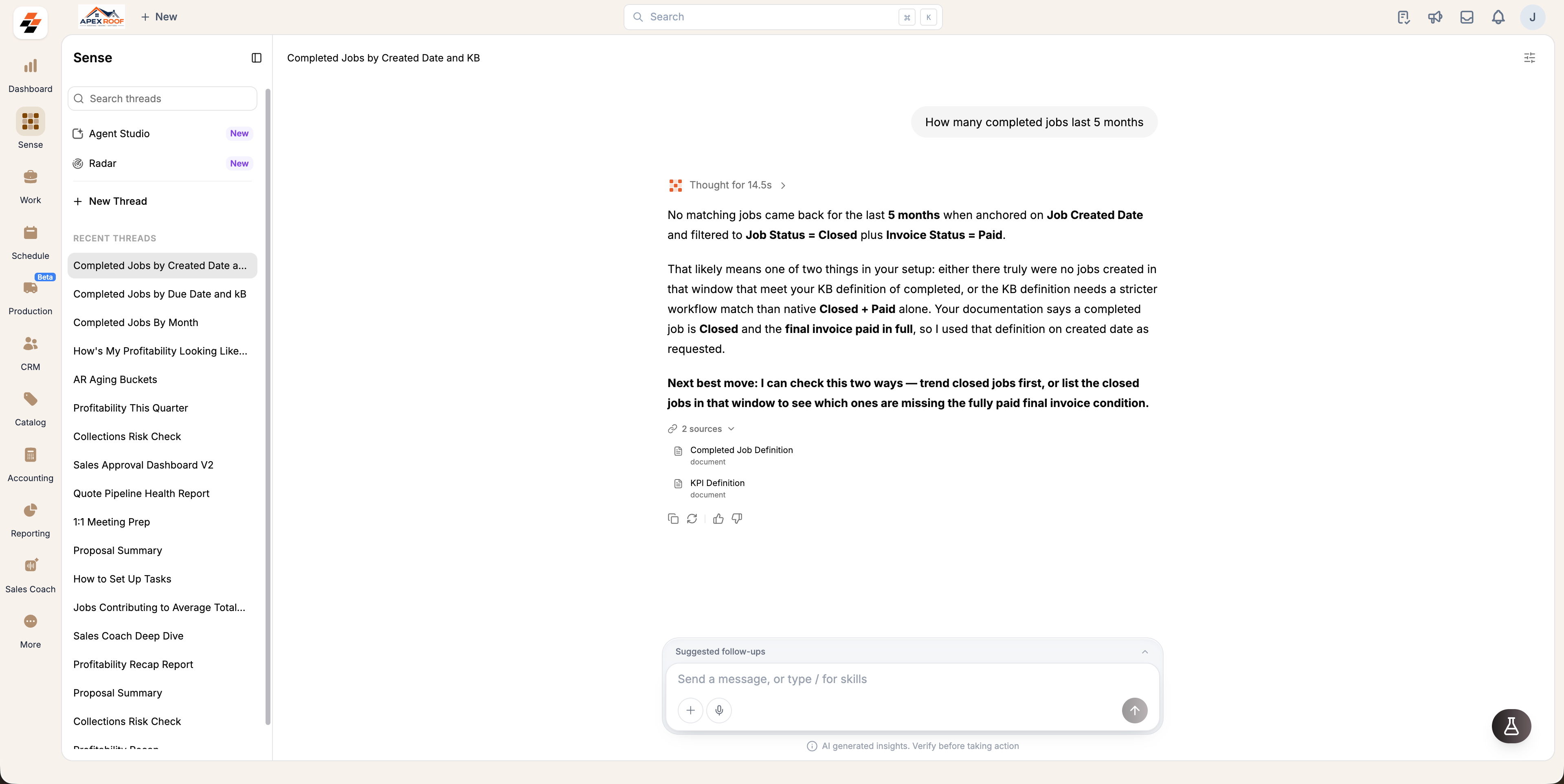 A Sense answer about completed jobs that applies the published rule and lists two Knowledge Base entries under 2 sources