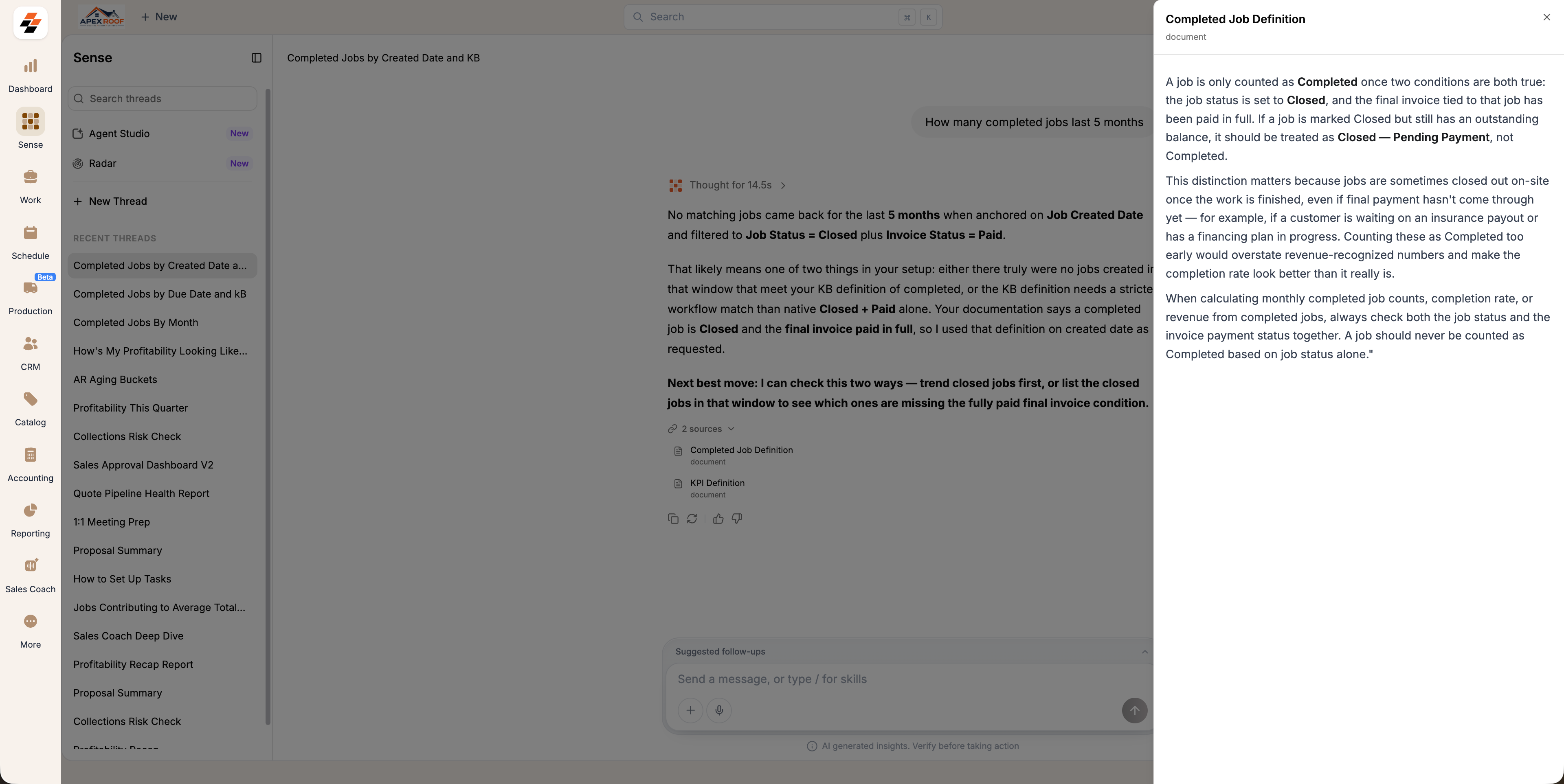 The Completed Job Definition entry opened from the Sources list of a Sense answer