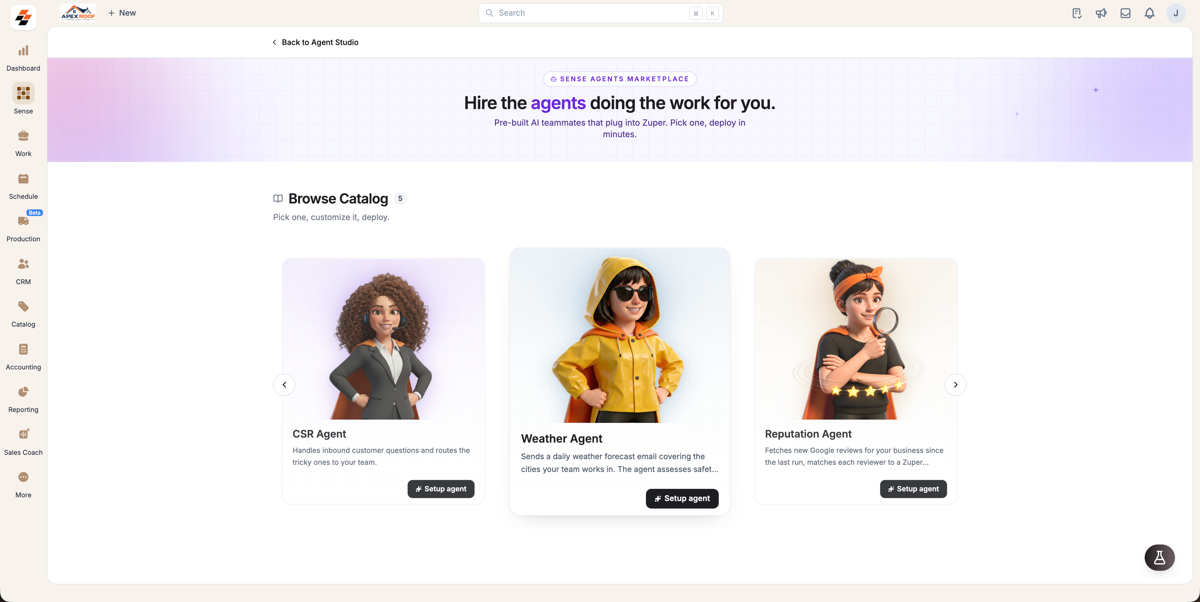 The Sense Agents Marketplace with the Browse Catalog carousel showing the CSR, Weather and Reputation agent cards