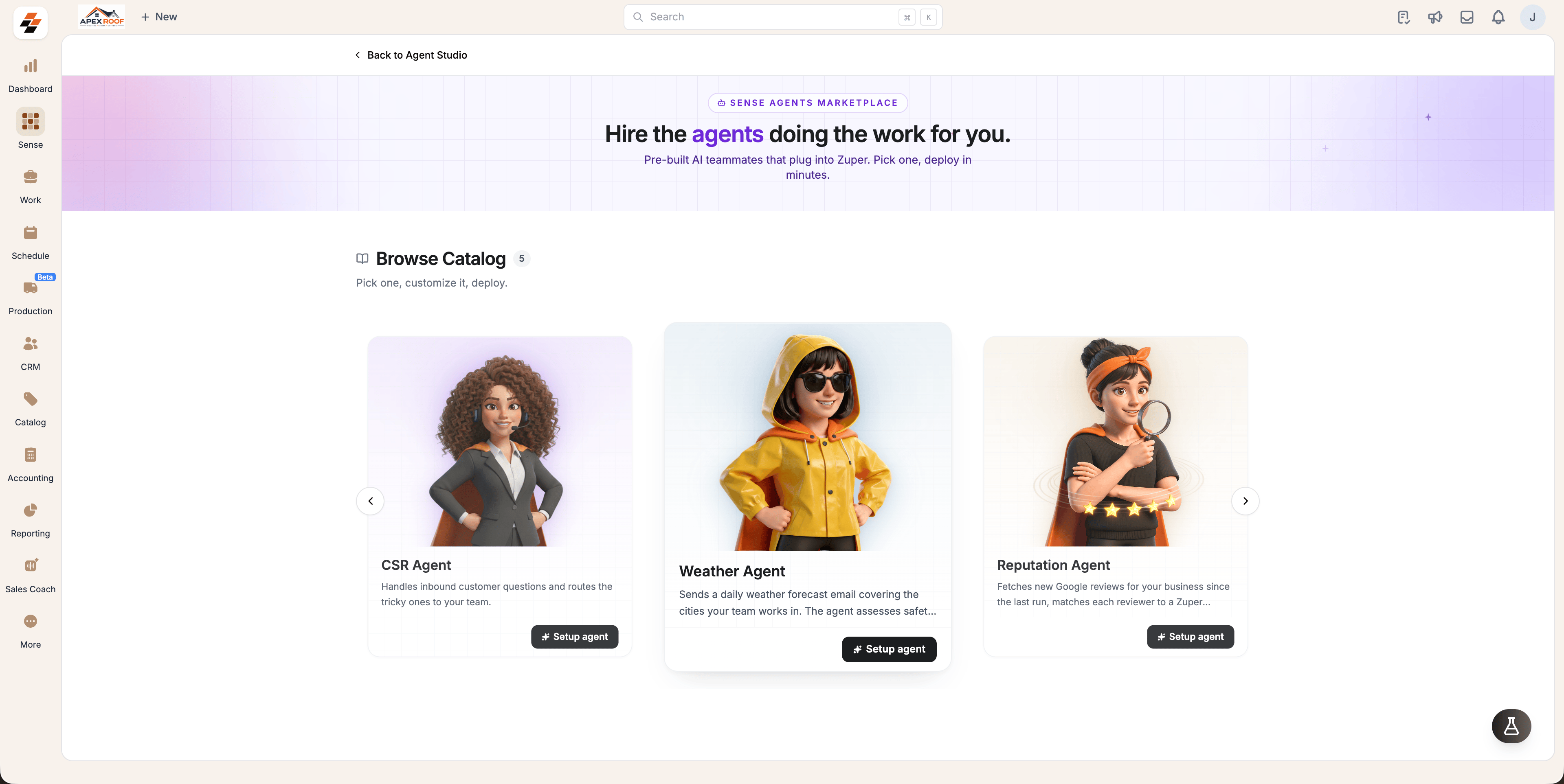 The Sense Agents Marketplace with the Browse Catalog carousel showing the CSR, Weather and Reputation agent cards