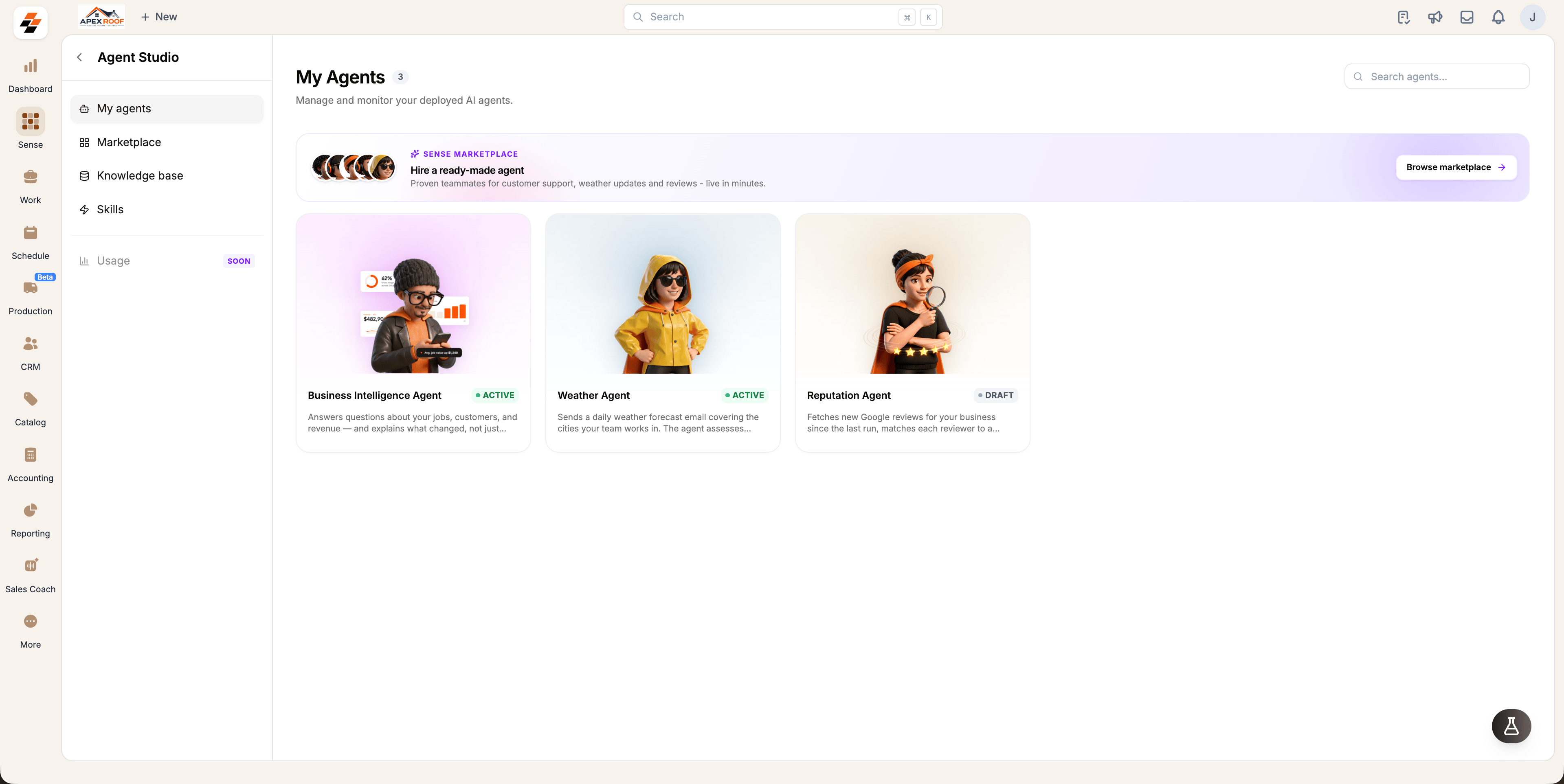The My Agents page in Agent Studio, with the Business Intelligence, Weather and Reputation agent cards and their statuses
