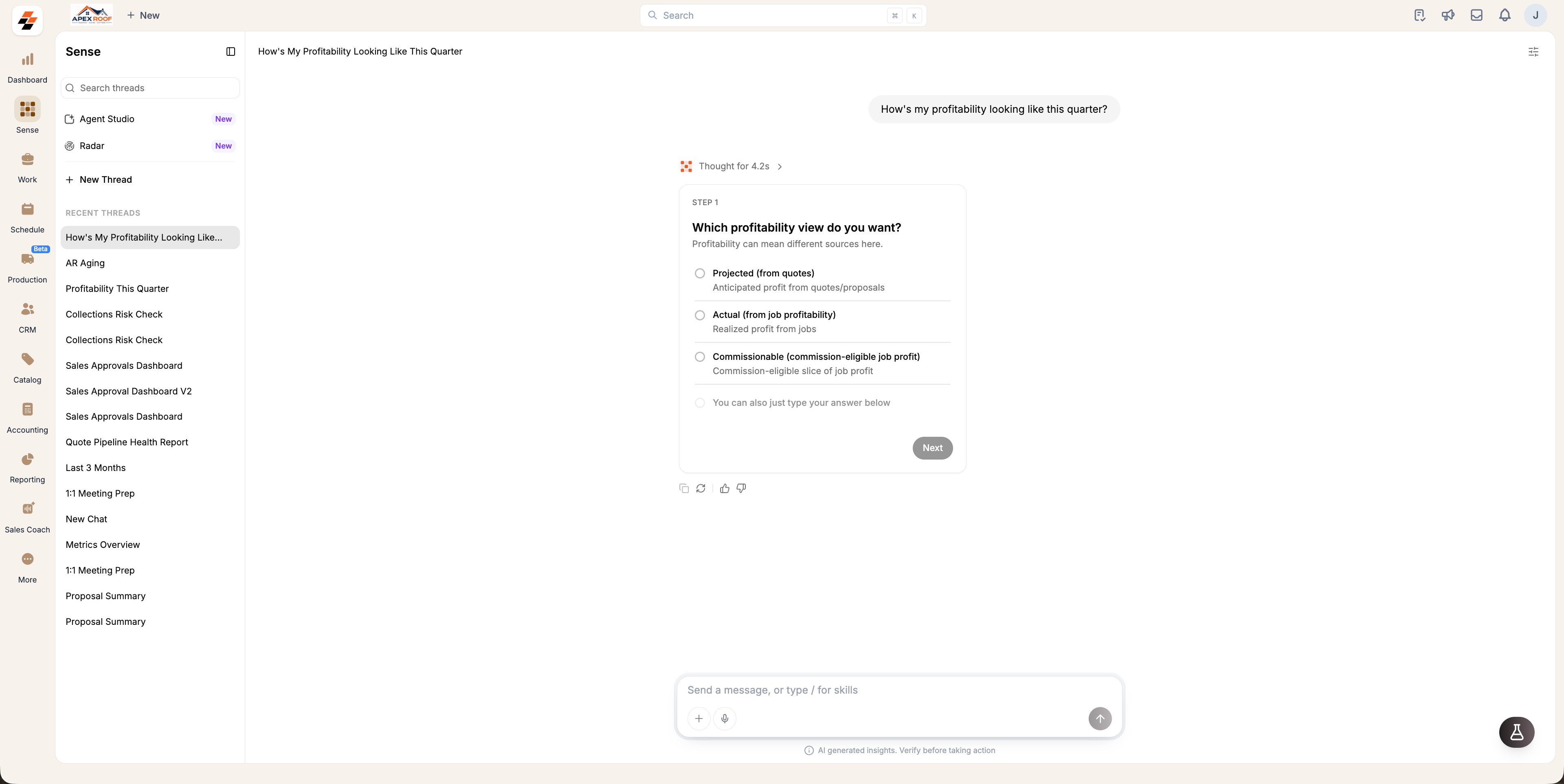 Sense asking which profitability view is wanted, with Projected, Actual and Commissionable options and a Next button