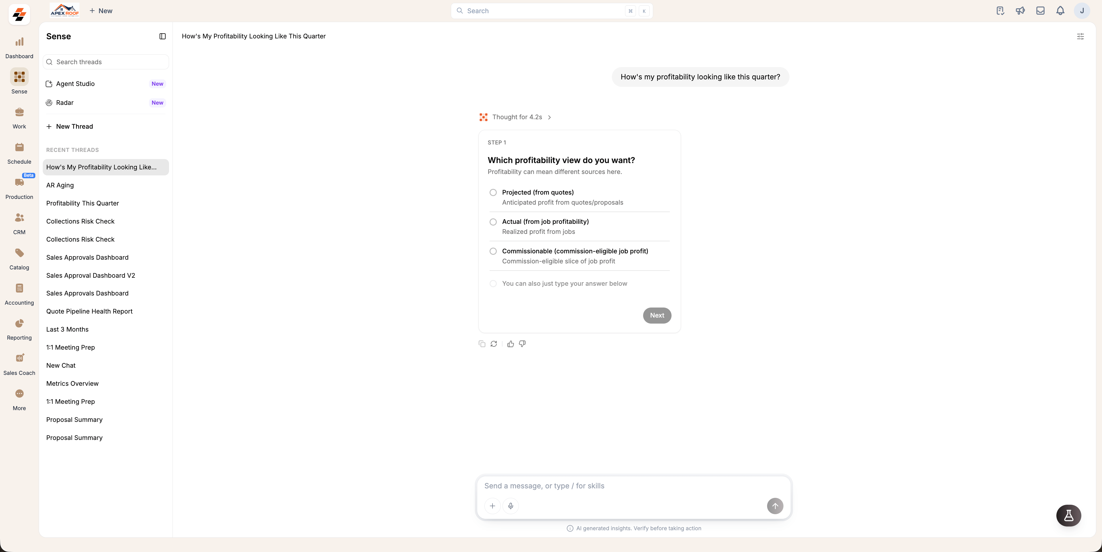 Sense asking which profitability view is wanted, with Projected, Actual and Commissionable options and a Next button
