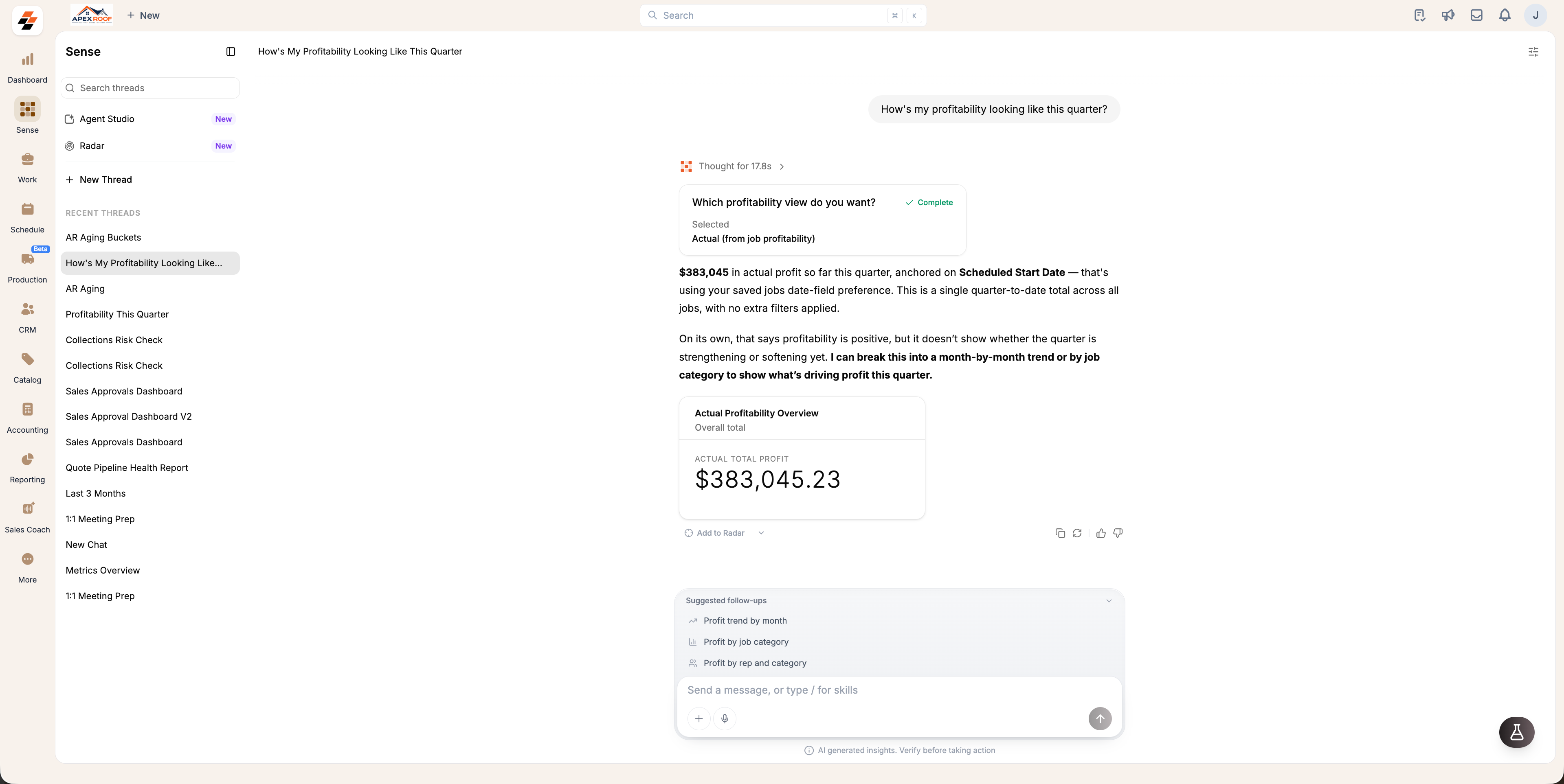 A profitability answer with the Suggested follow-ups panel open, offering profit trend by month, profit by job category and profit by rep and category