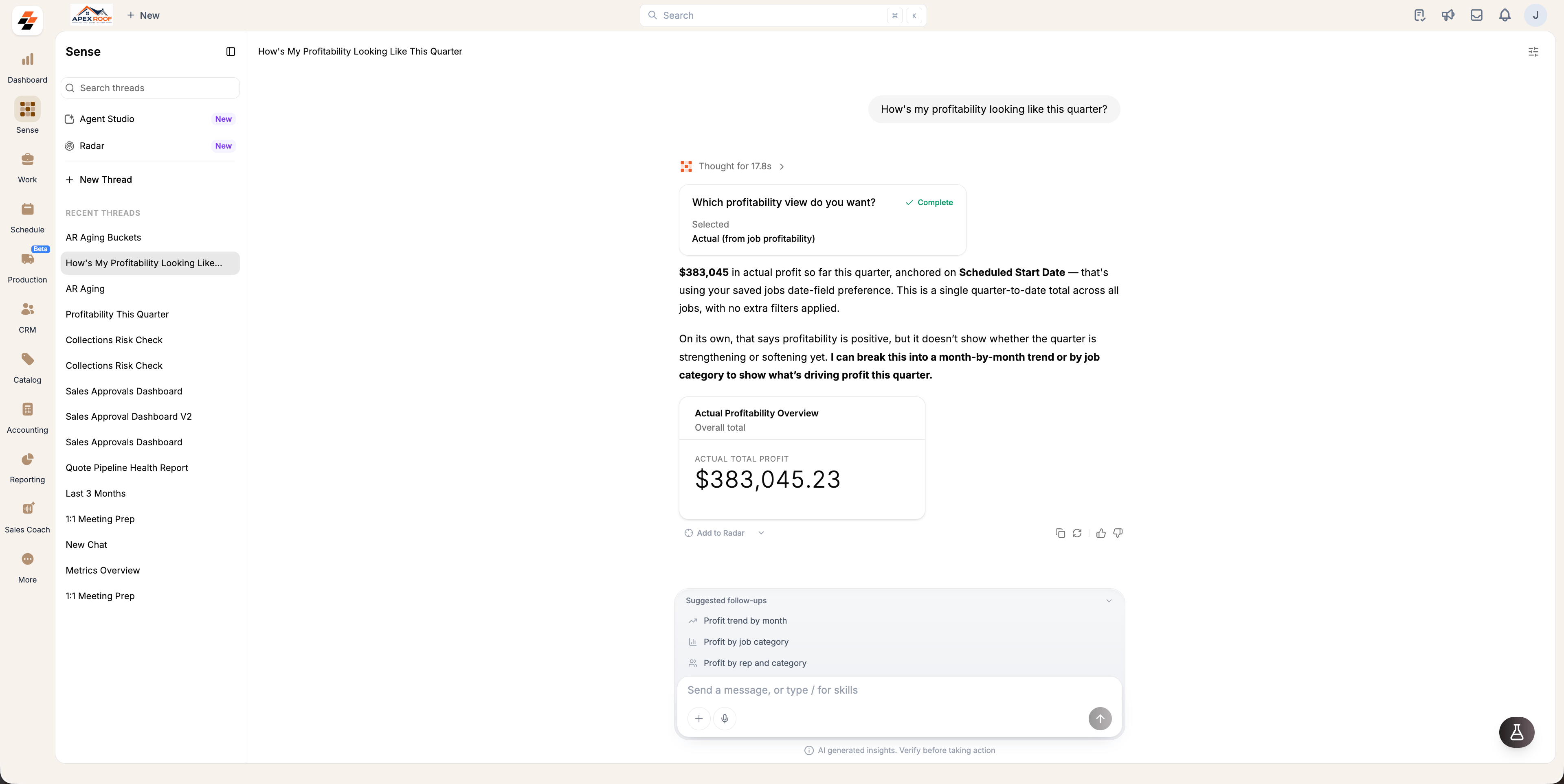 A profitability answer with the Suggested follow-ups panel open, offering profit trend by month, profit by job category and profit by rep and category